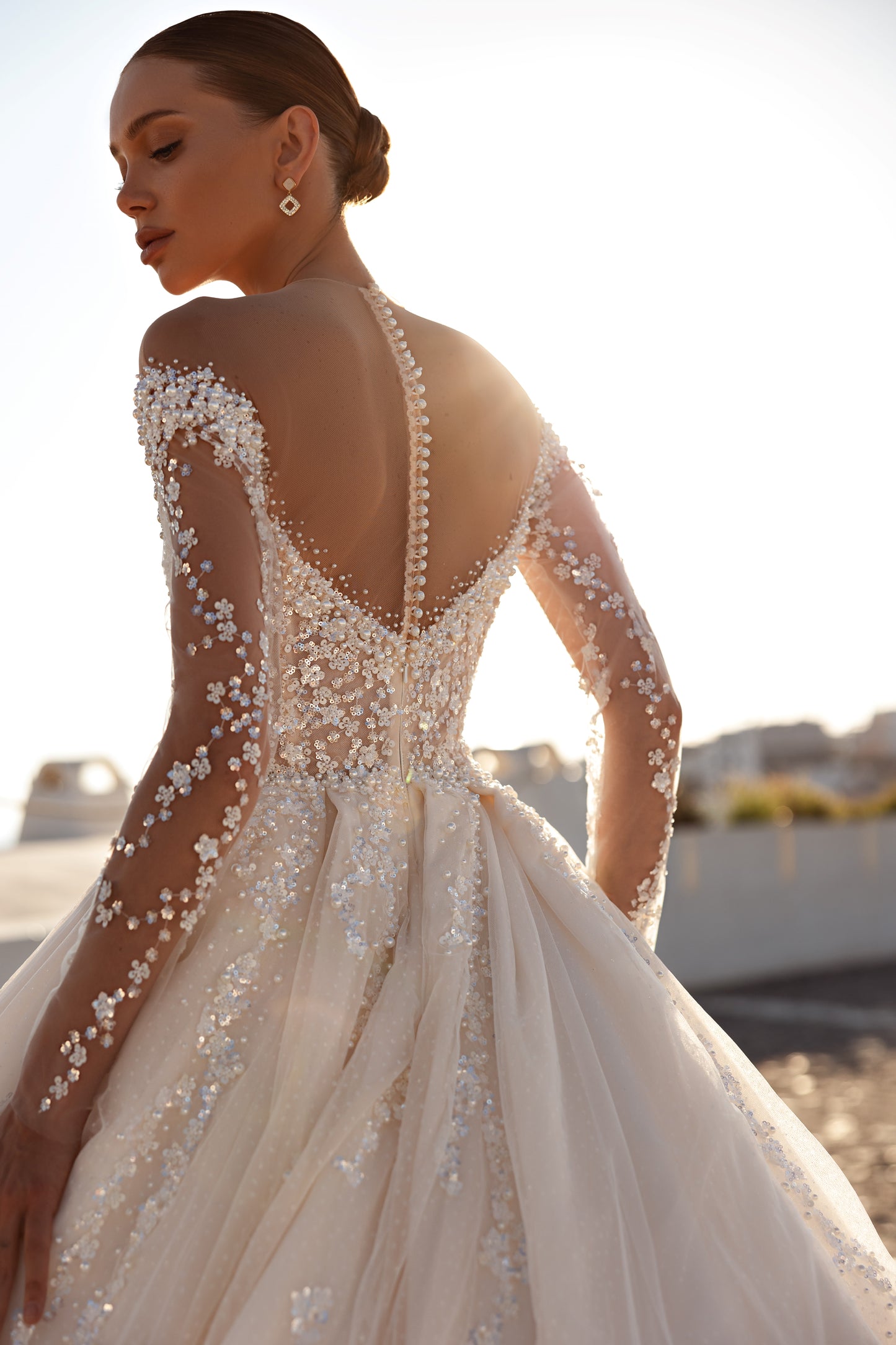 Princess off-the-shoulder wedding dress with cathedral train