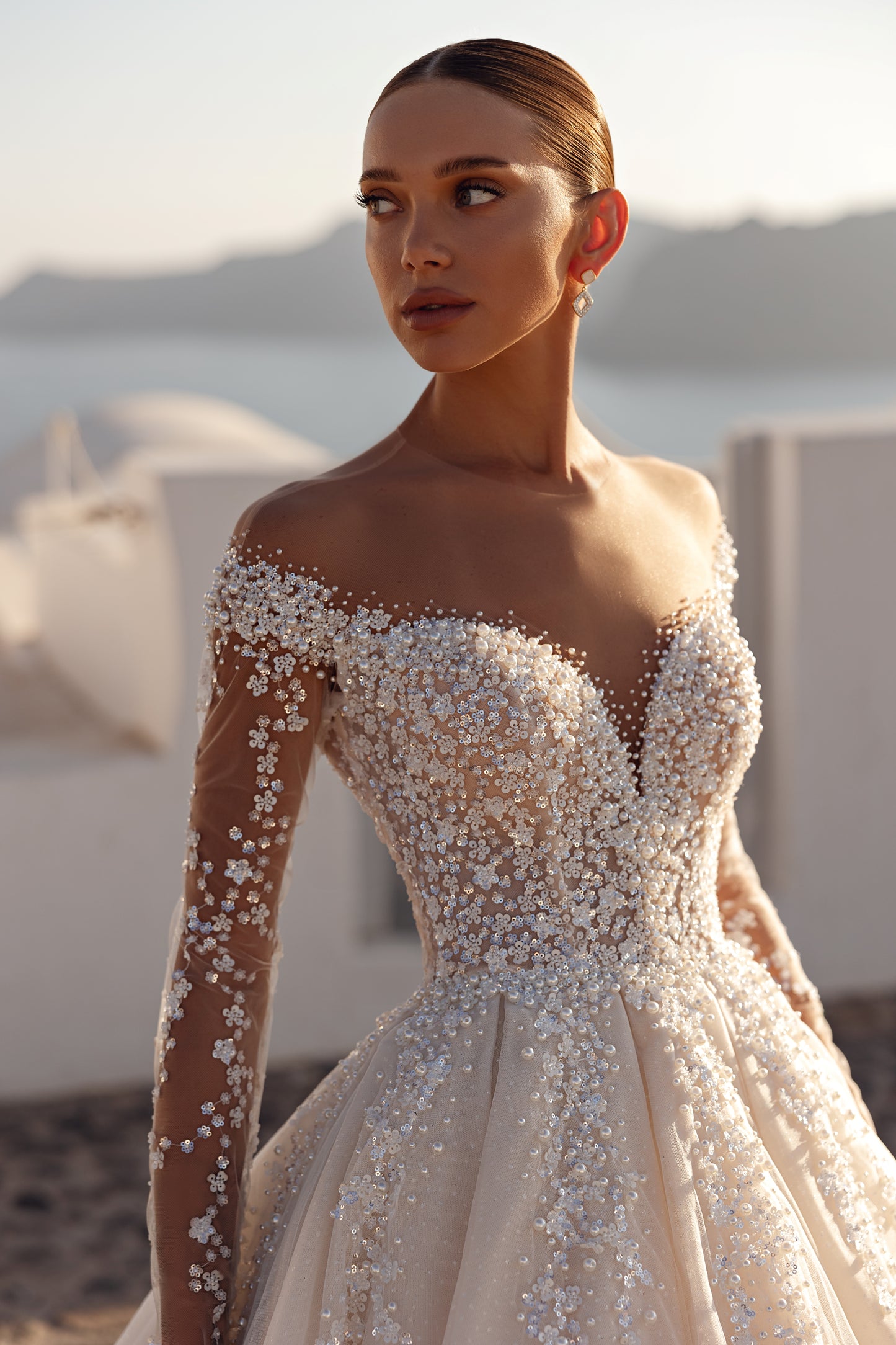 Princess off-the-shoulder wedding dress with cathedral train