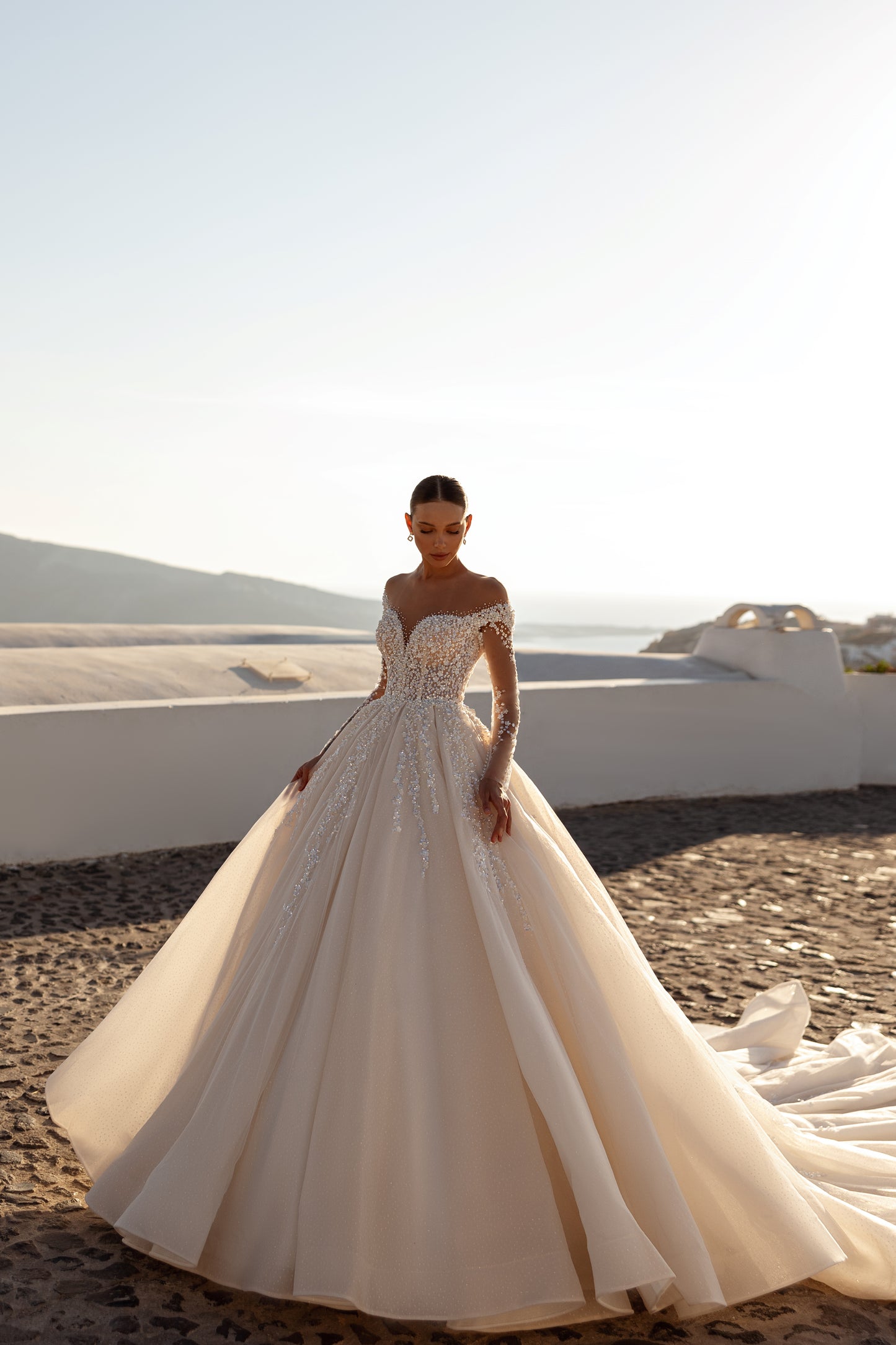 Princess off-the-shoulder wedding dress with cathedral train