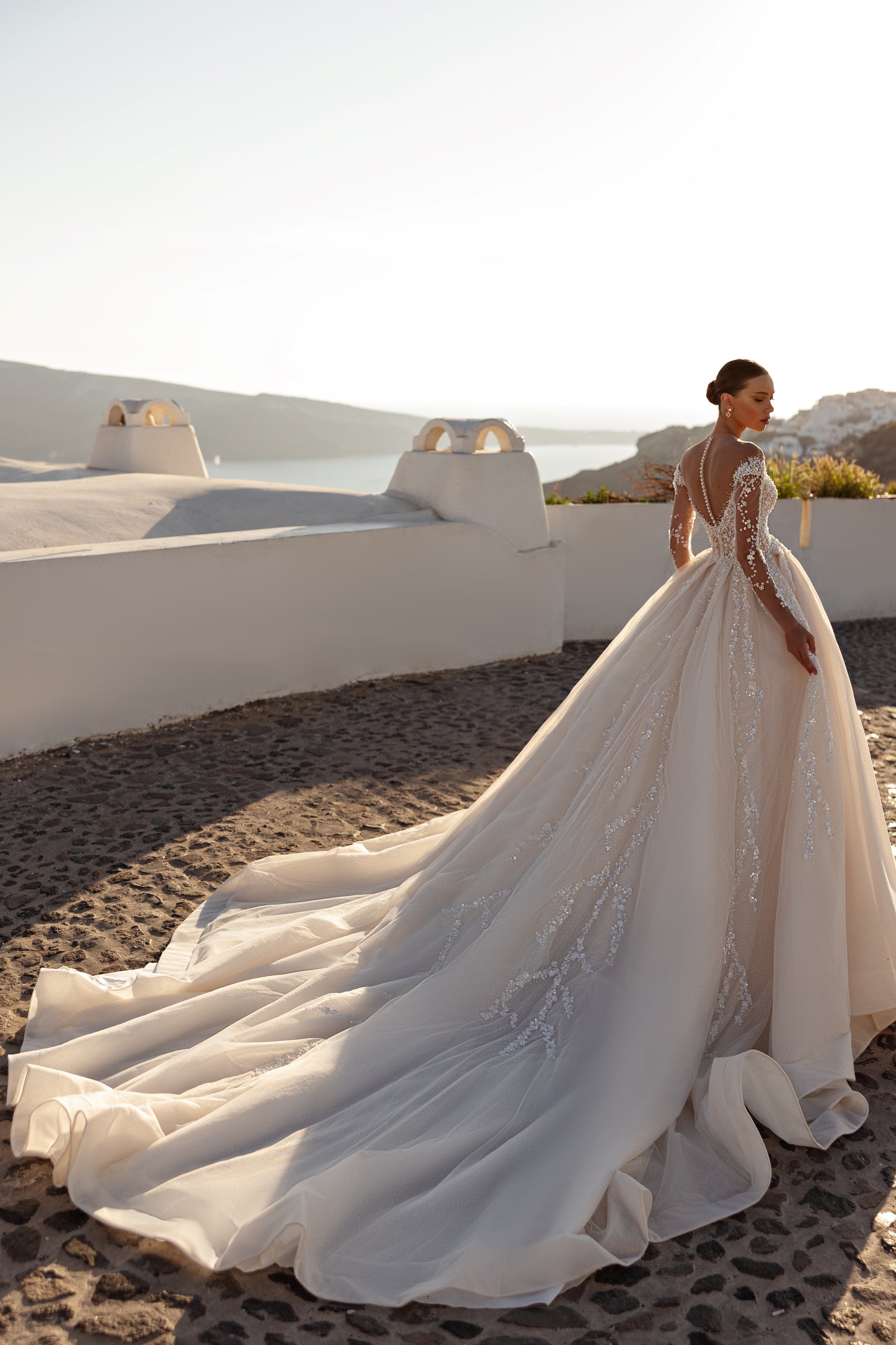 Princess off-the-shoulder wedding dress with cathedral train