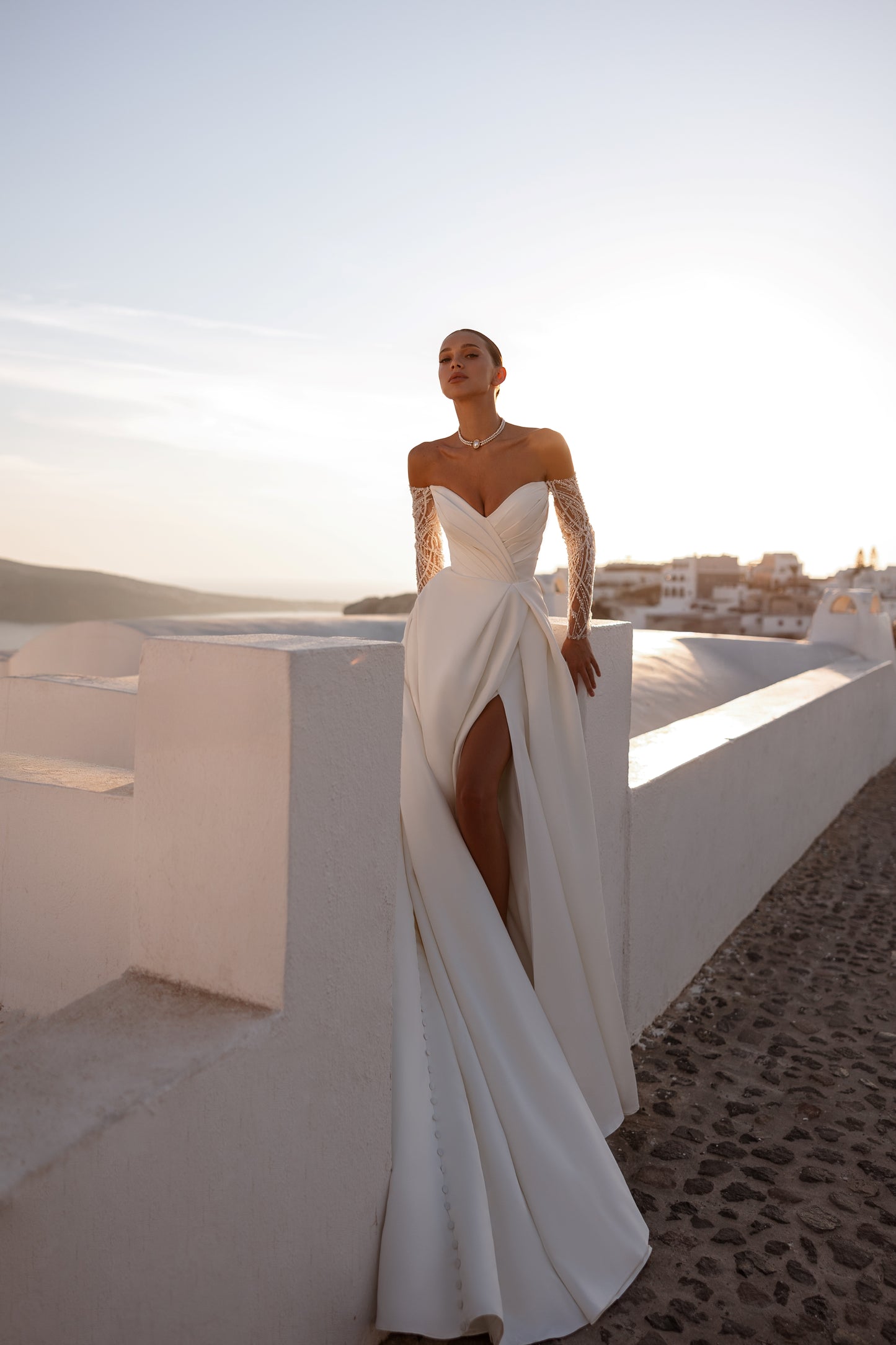 A-line wedding dress with off-the-shoulder & pleated bodice