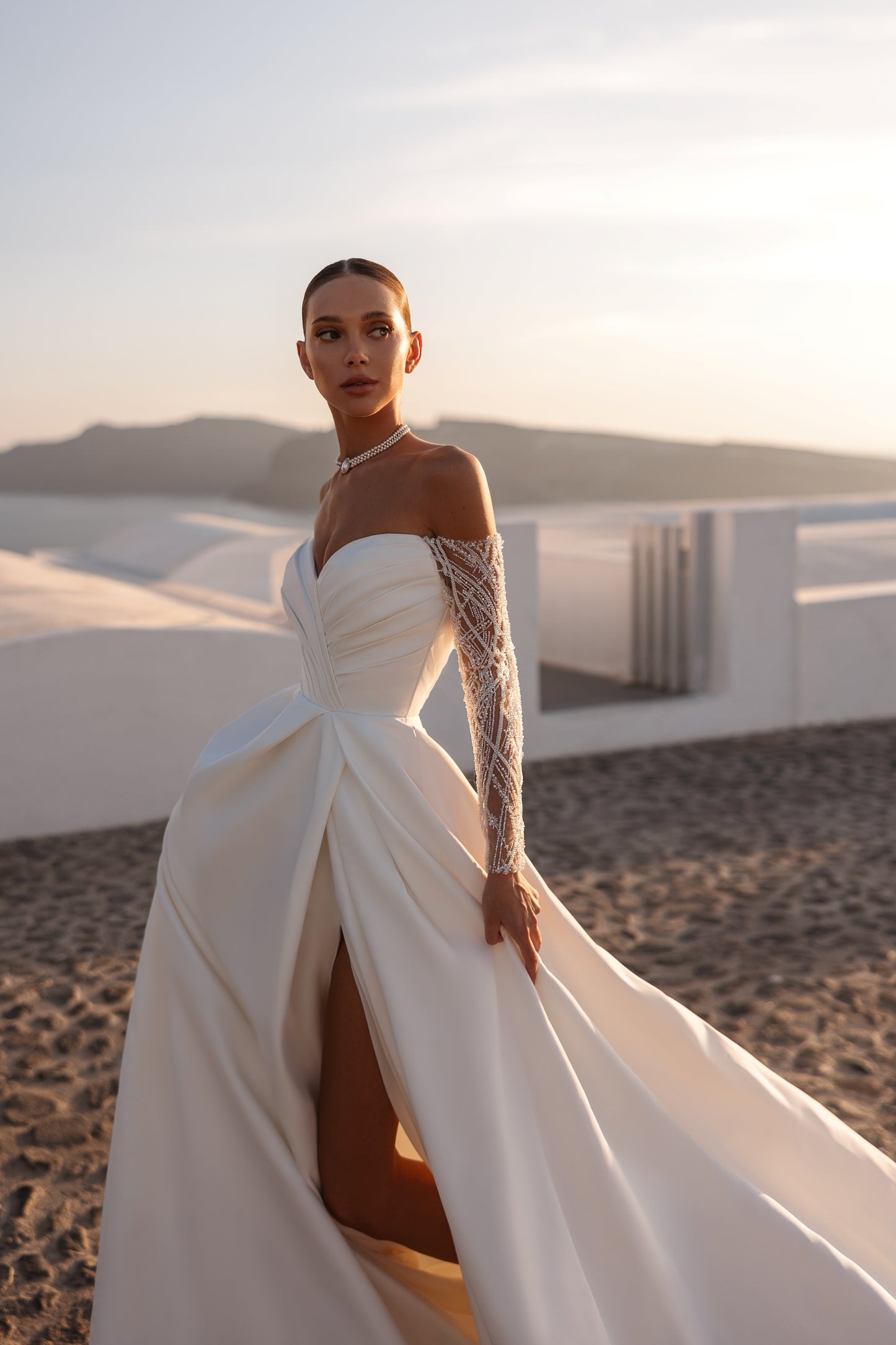 A-line wedding dress with off-the-shoulder & pleated bodice