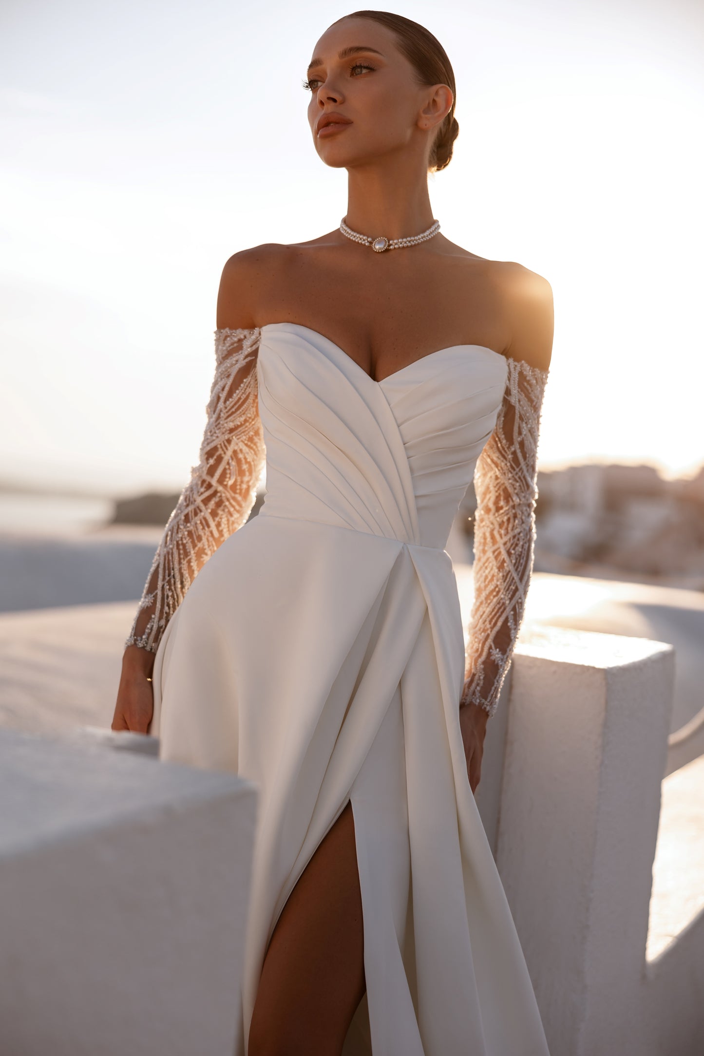 A-line wedding dress with off-the-shoulder & pleated bodice