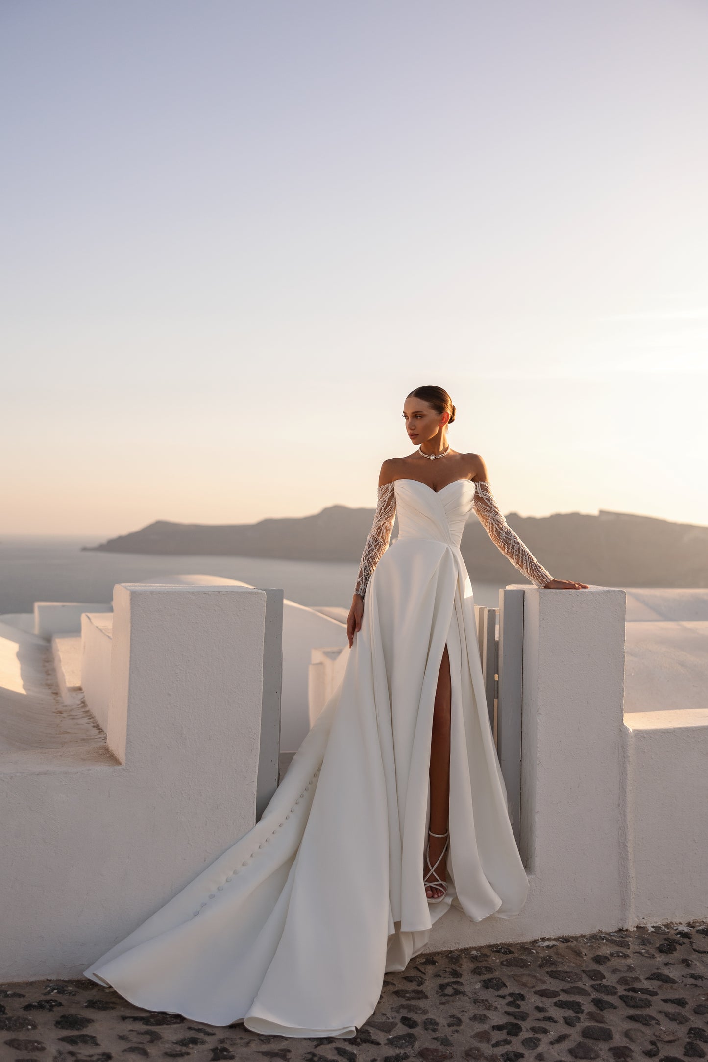 A-line wedding dress with off-the-shoulder & pleated bodice