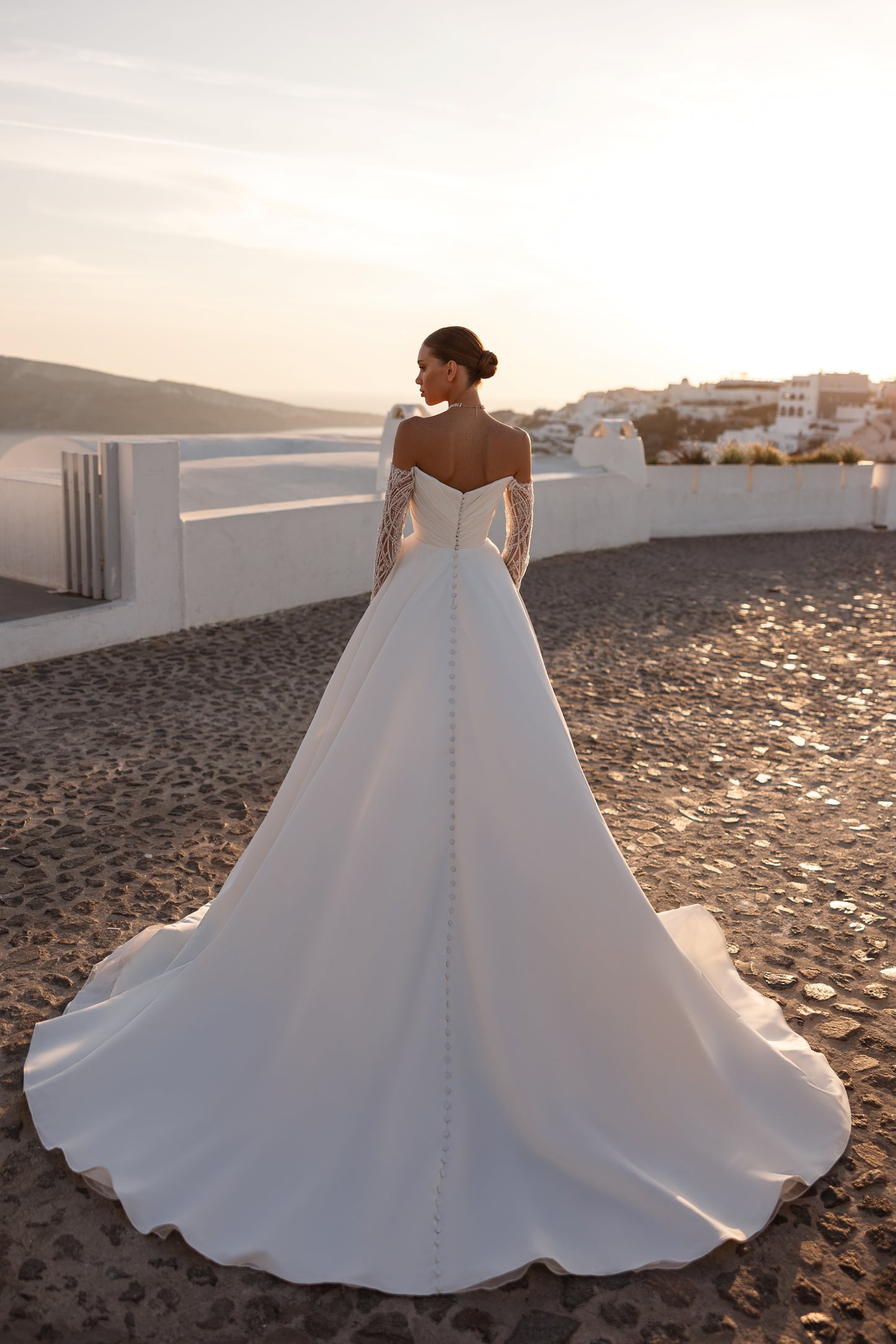 A-line wedding dress with off-the-shoulder & pleated bodice