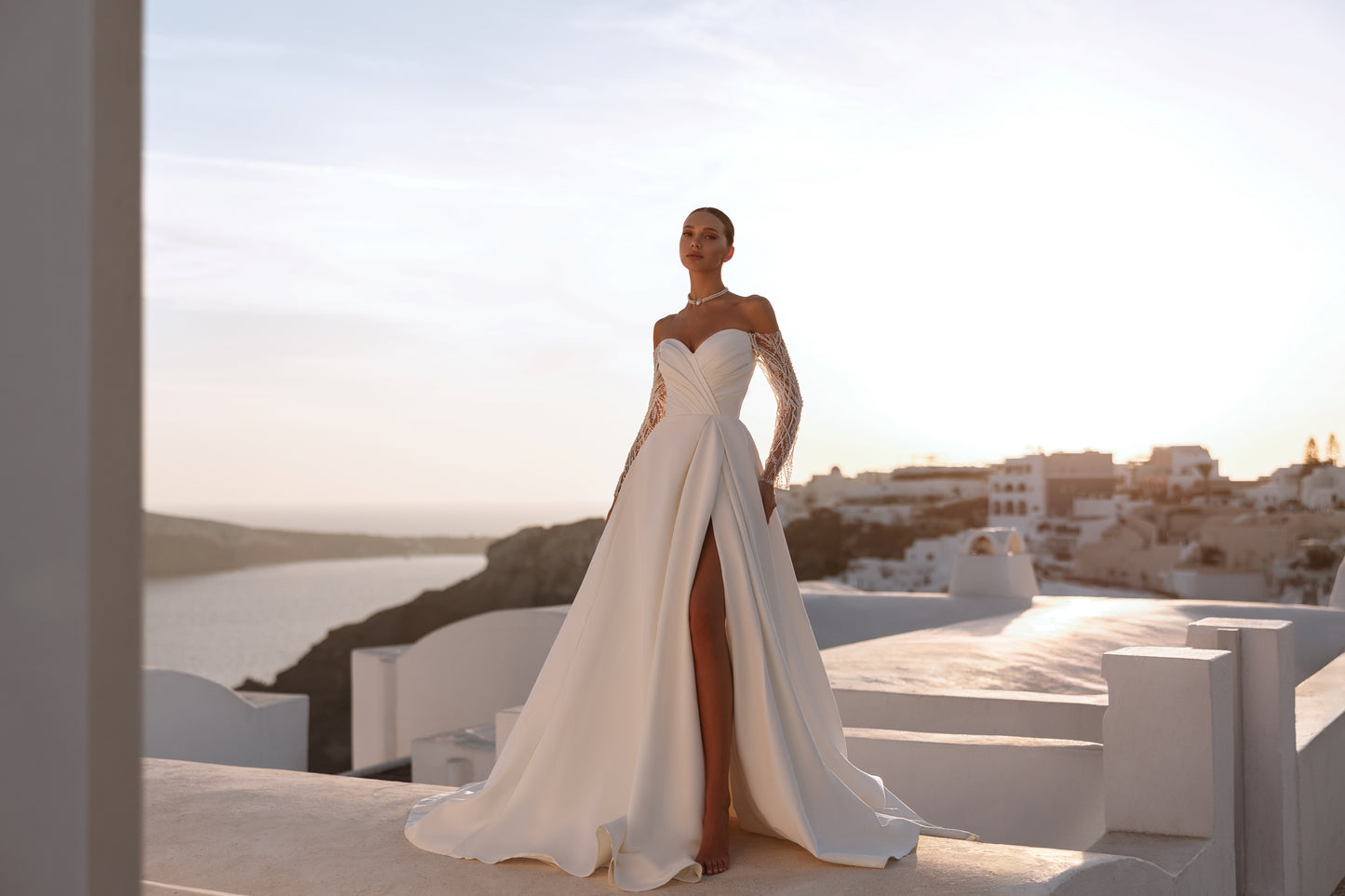 A-line wedding dress with off-the-shoulder & pleated bodice