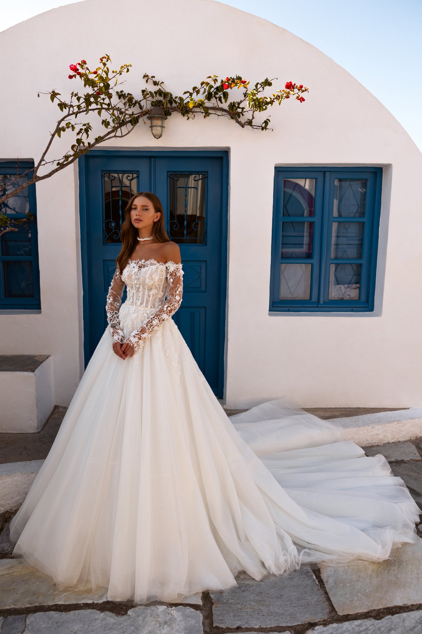 Romantic A-line long sleeve floral lace wedding dress