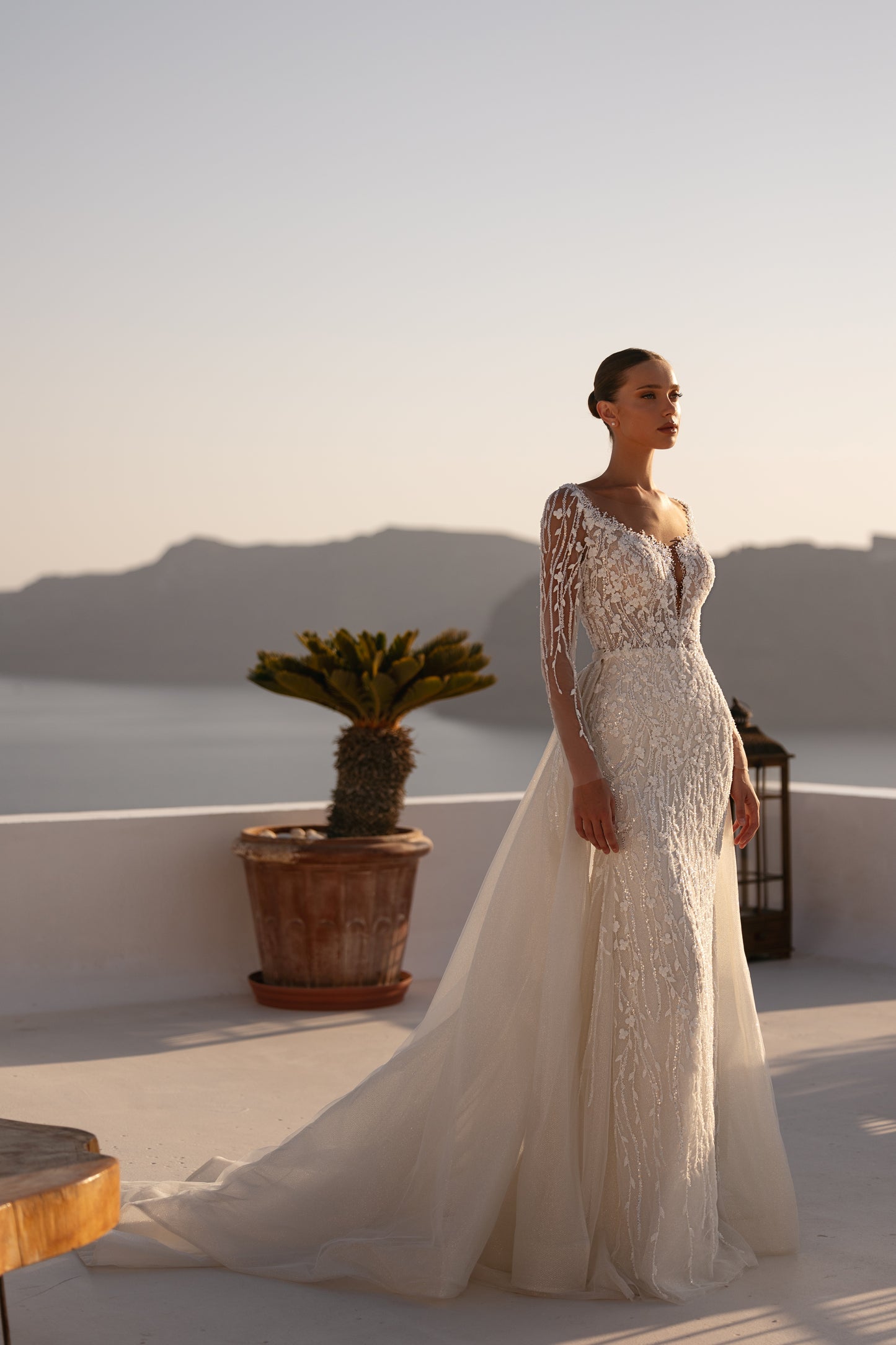 Mermaid sheath lace wedding dress with long sleeves and train