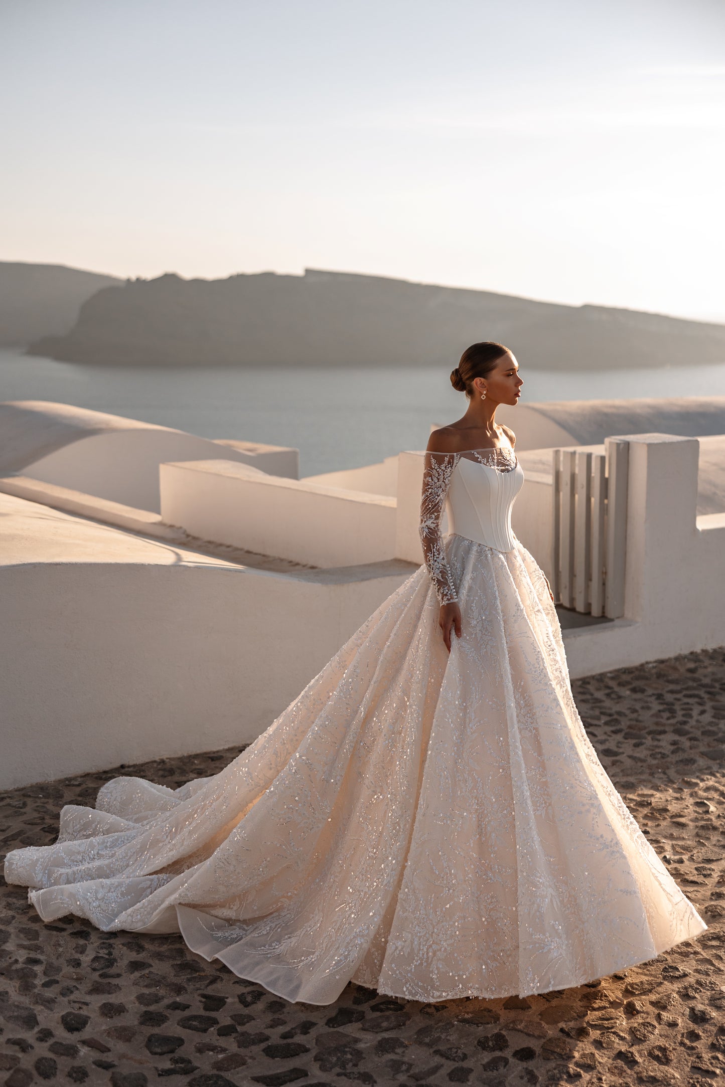 Princess A-line wedding dress with illusion sleeves and cathedral train