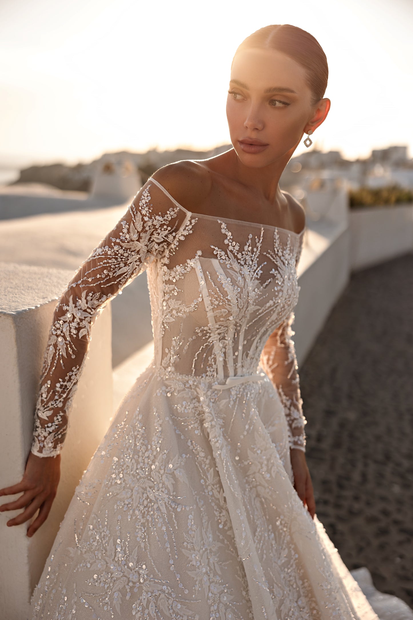 Princess A-line wedding dress with illusion sleeves and cathedral train