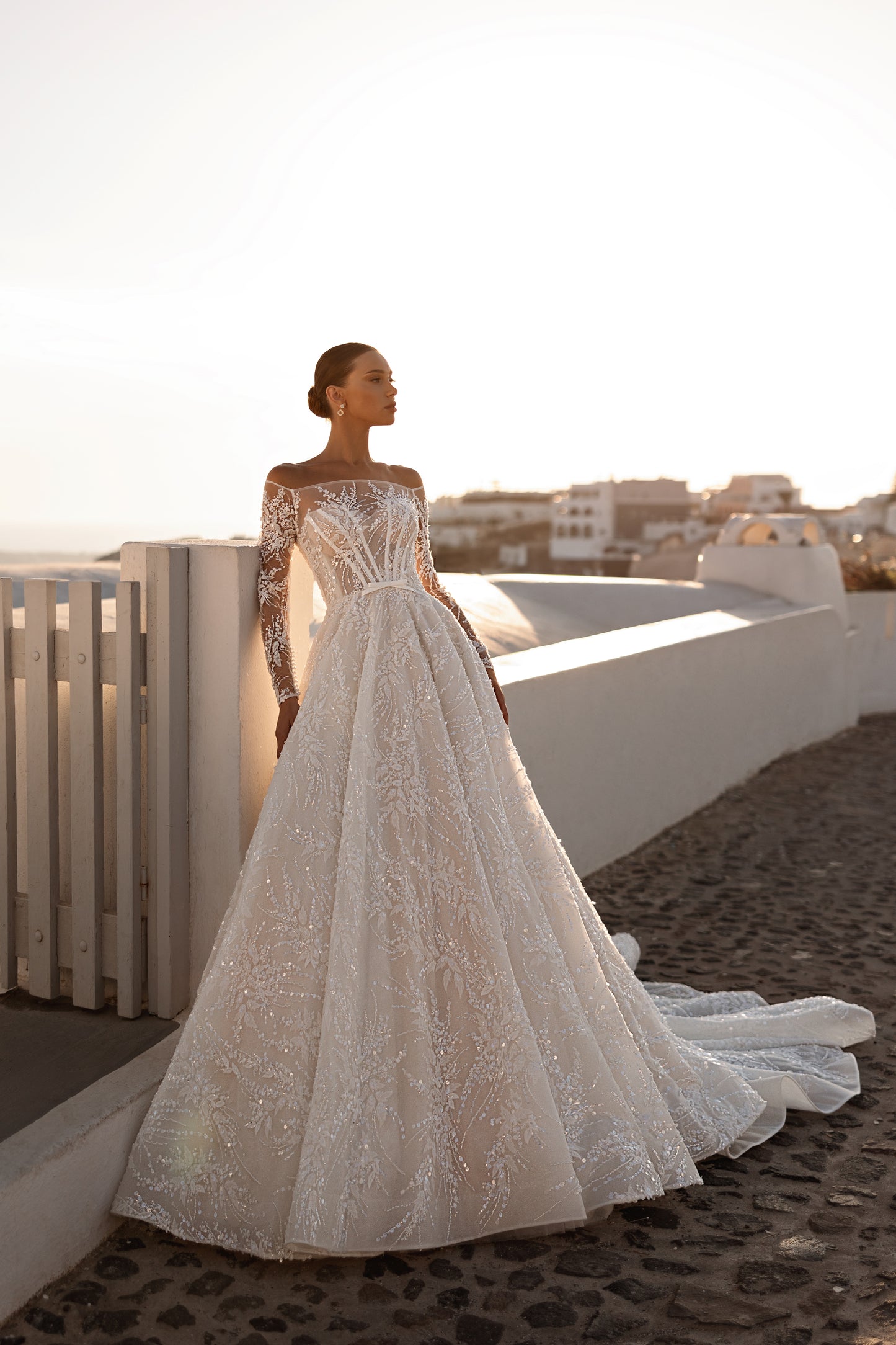 Princess A-line wedding dress with illusion sleeves and cathedral train