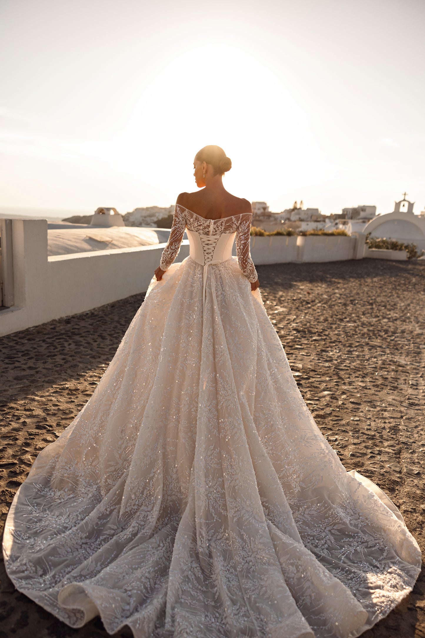 Princess A-line wedding dress with illusion sleeves and cathedral train