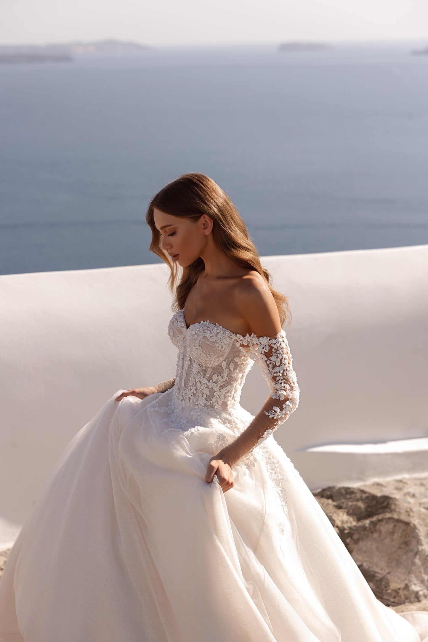 Princess A-line tulle wedding dress with long illusion sleeves