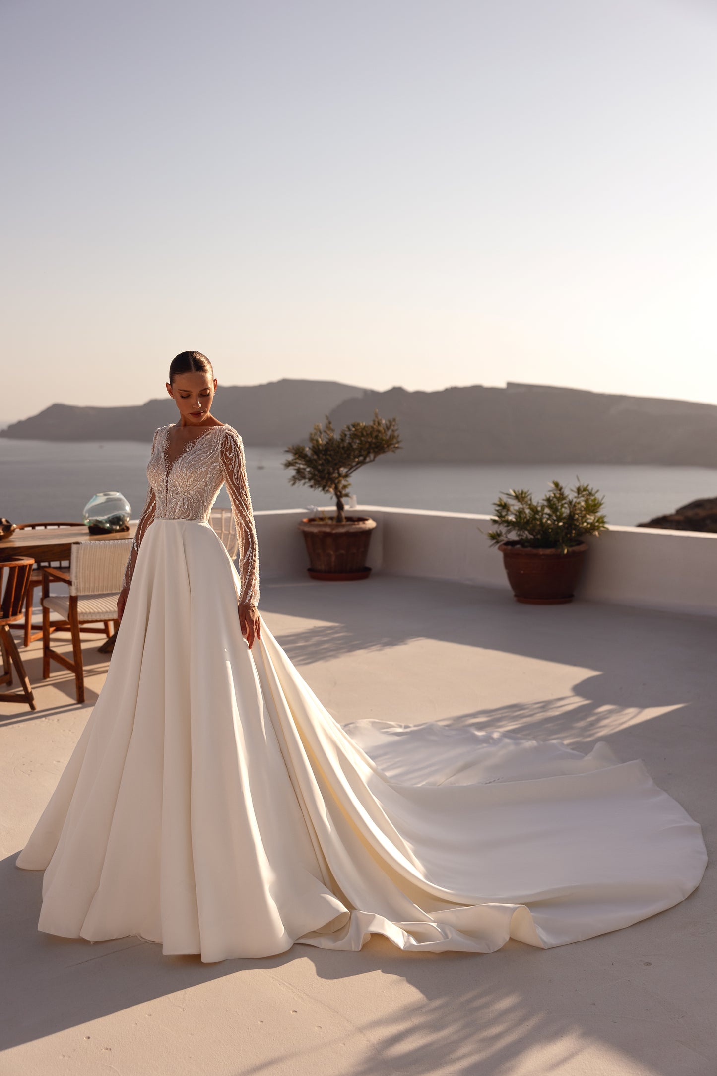 A-line wedding dress with illusion sleeves & cathedral train