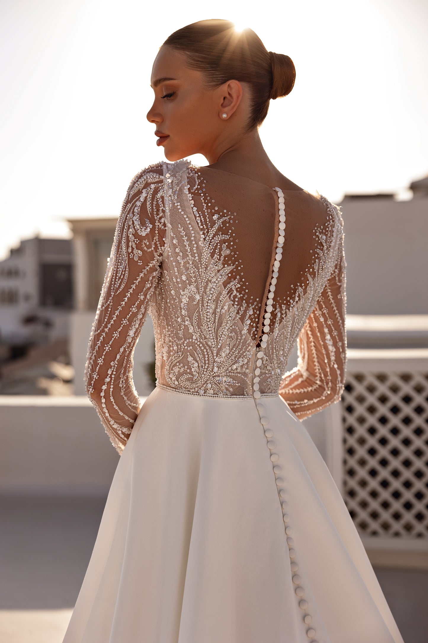 A-line wedding dress with illusion sleeves & cathedral train