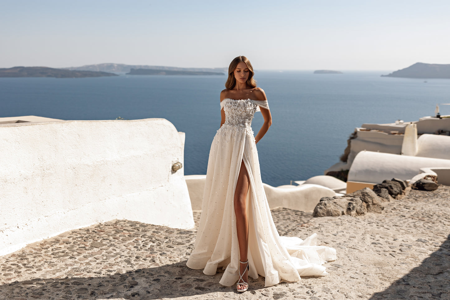 Romantic A-line wedding dress with floral lace & sequin
