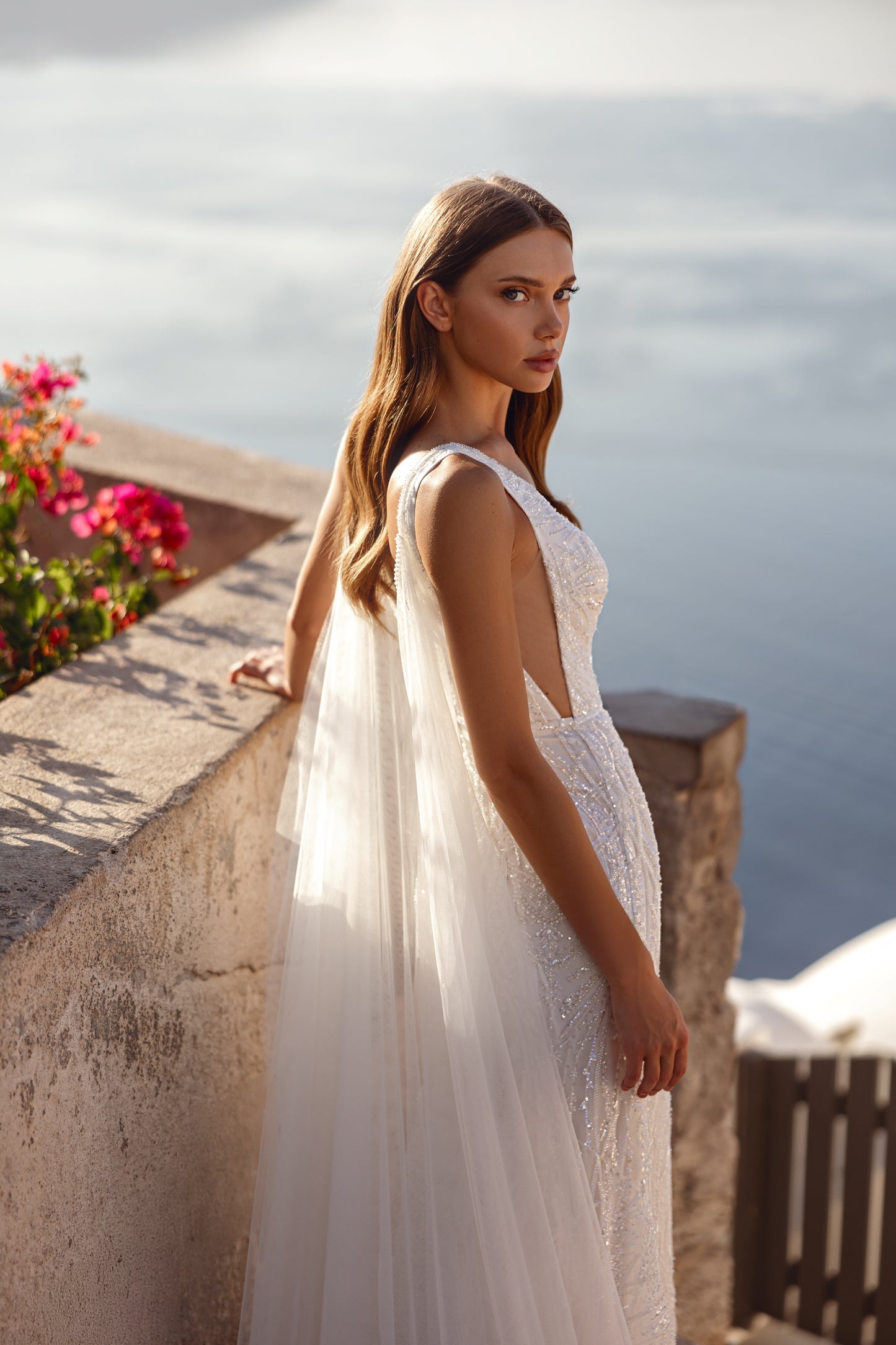 Sleeveless A-line wedding dress with deep V-neck
