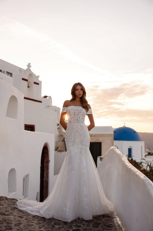 Mermaid fit-and-flare wedding dress with fishtail train