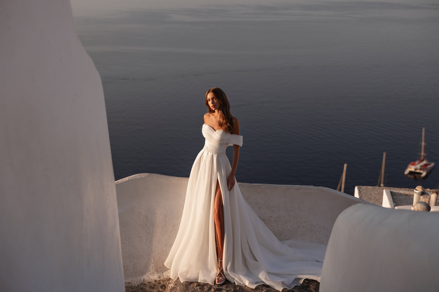 Romantic A-line off the shoulder court train wedding dress