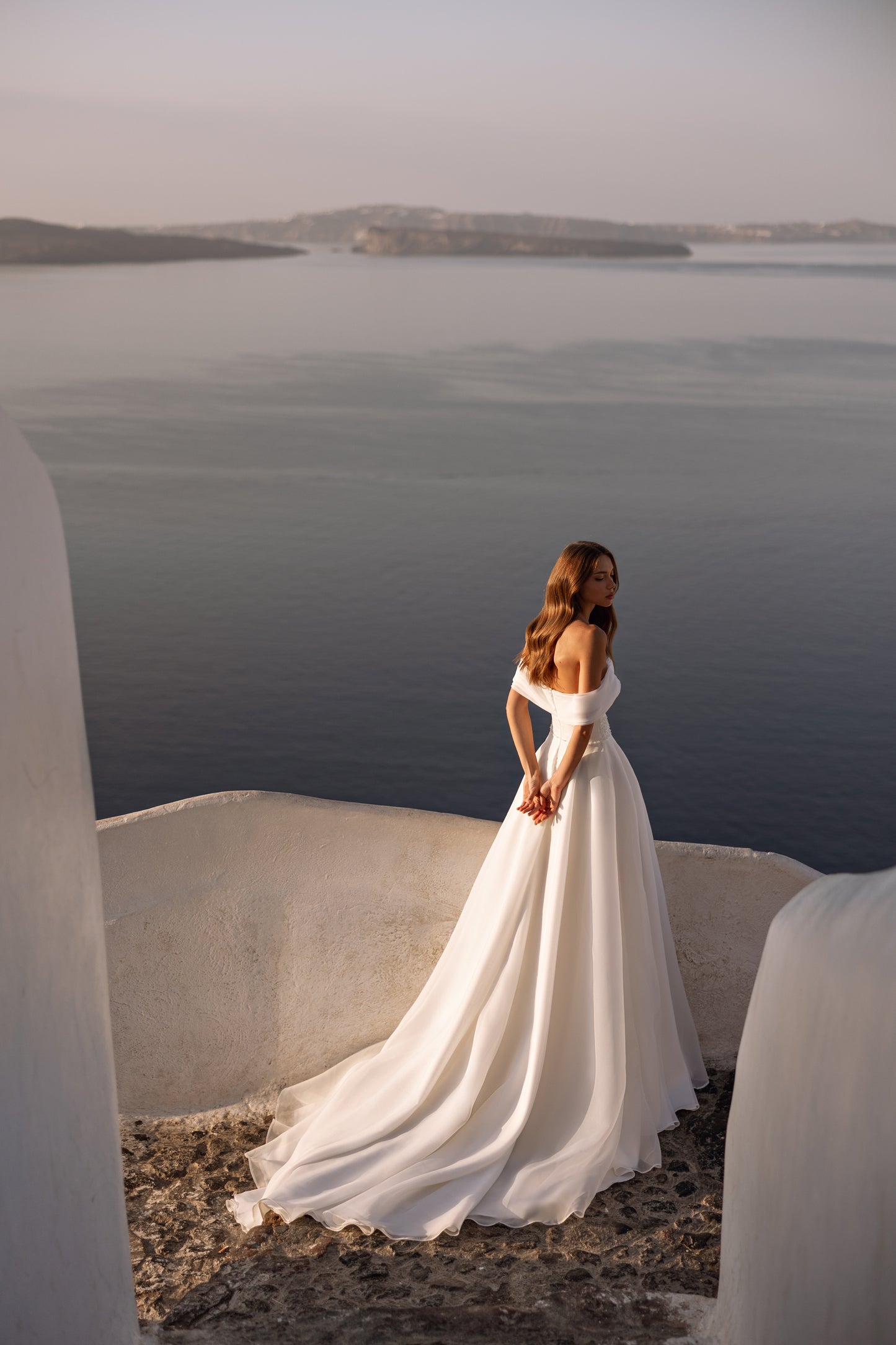 Romantic A-line off the shoulder court train wedding dress