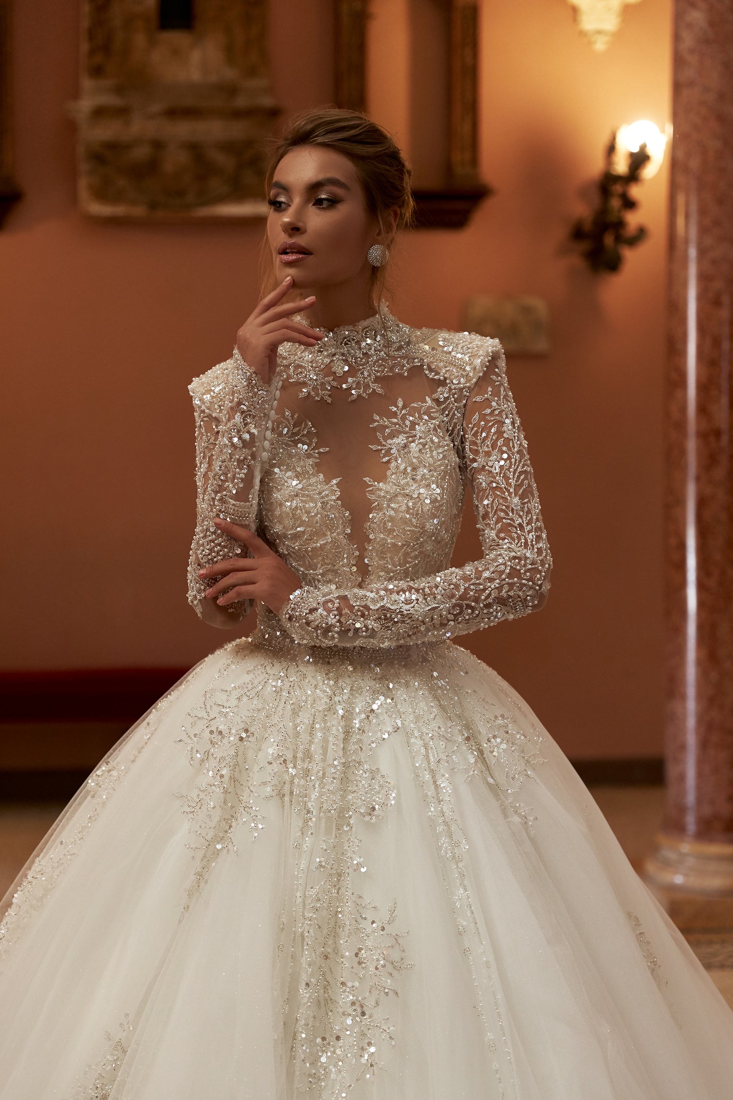 Princess ball gown wedding dress with beaded cathedral train