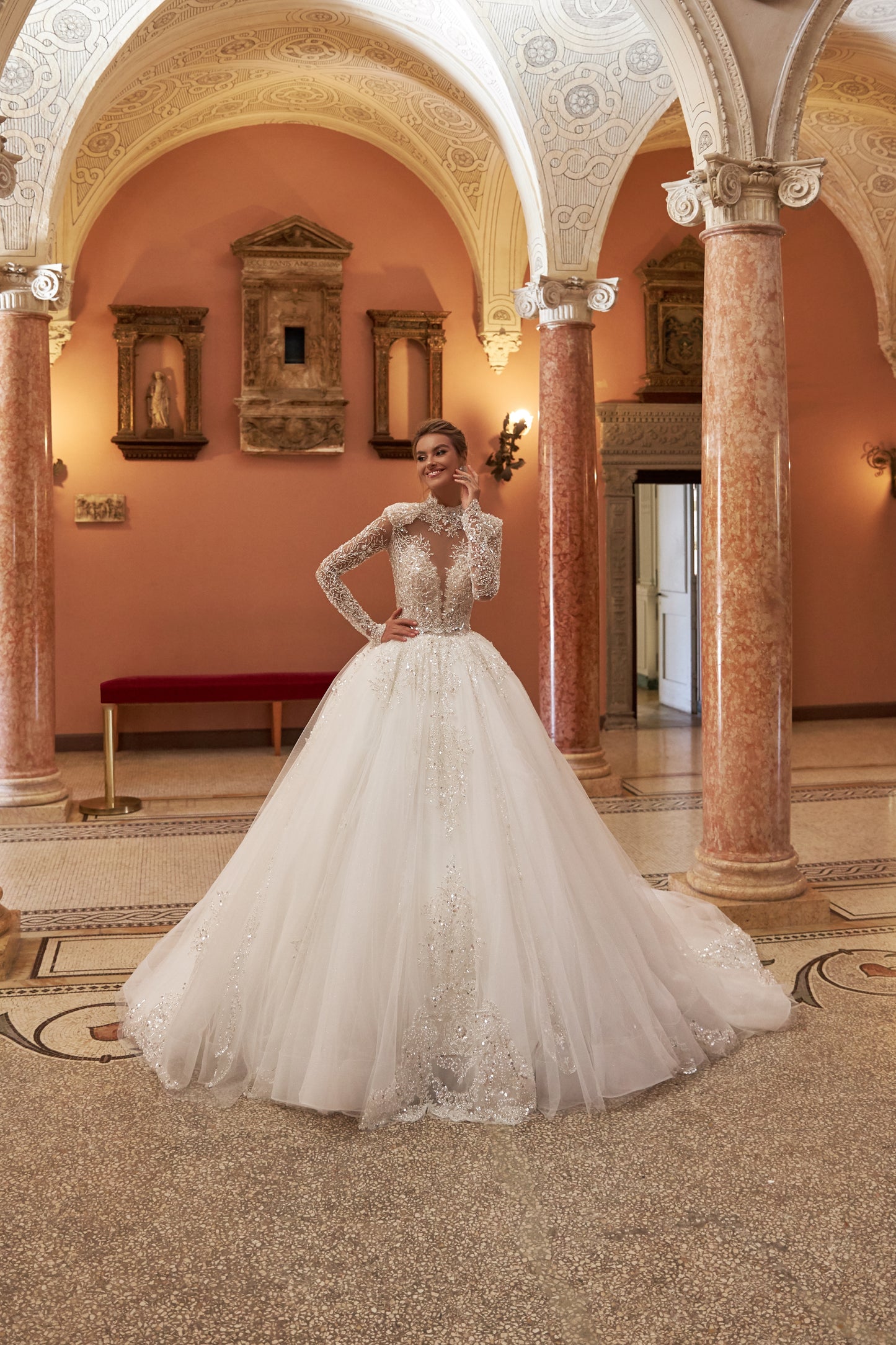 Princess ball gown wedding dress with beaded cathedral train