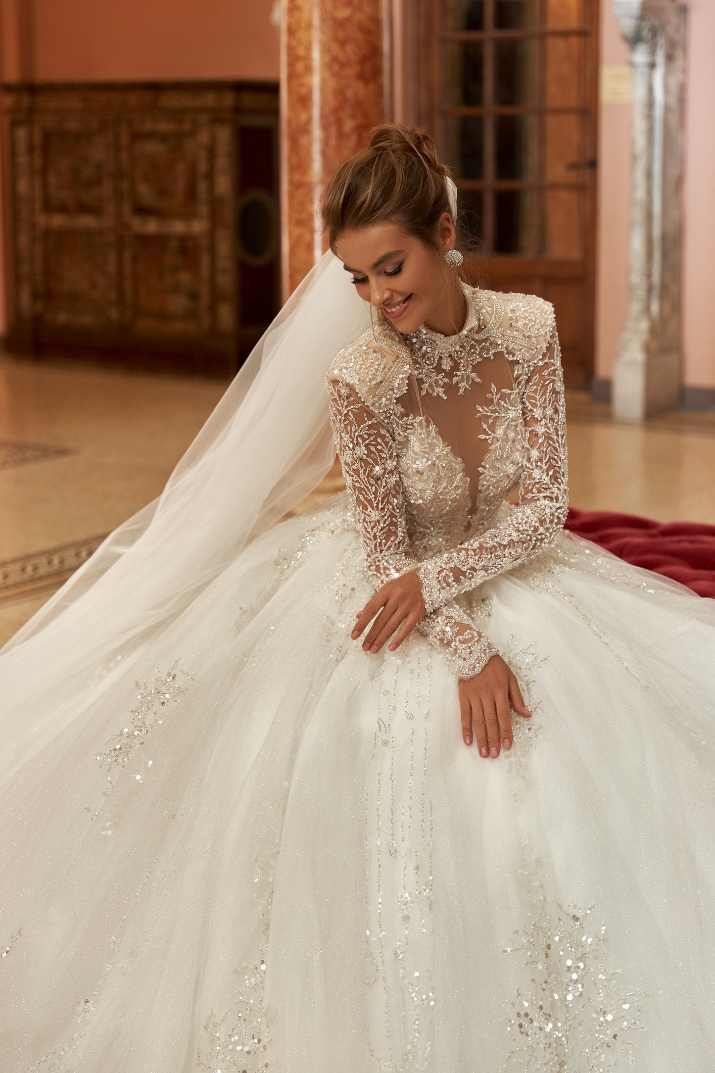 Princess ball gown wedding dress with beaded cathedral train