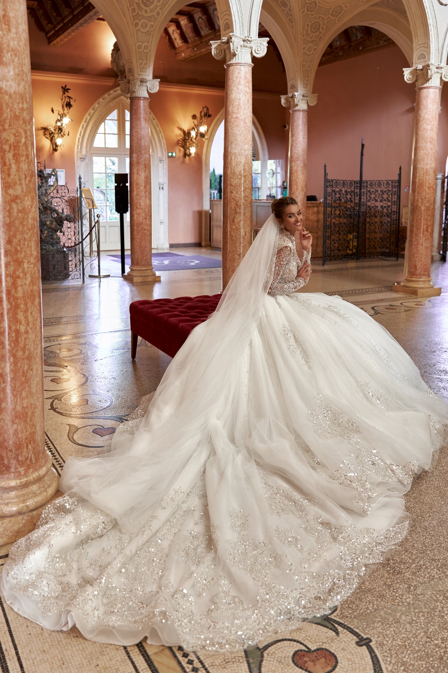 Princess ball gown wedding dress with beaded cathedral train