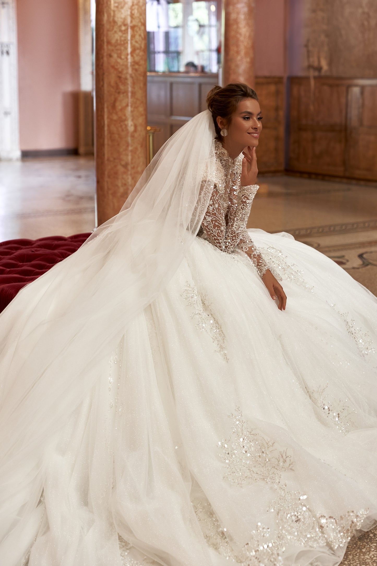 Princess ball gown wedding dress with beaded cathedral train