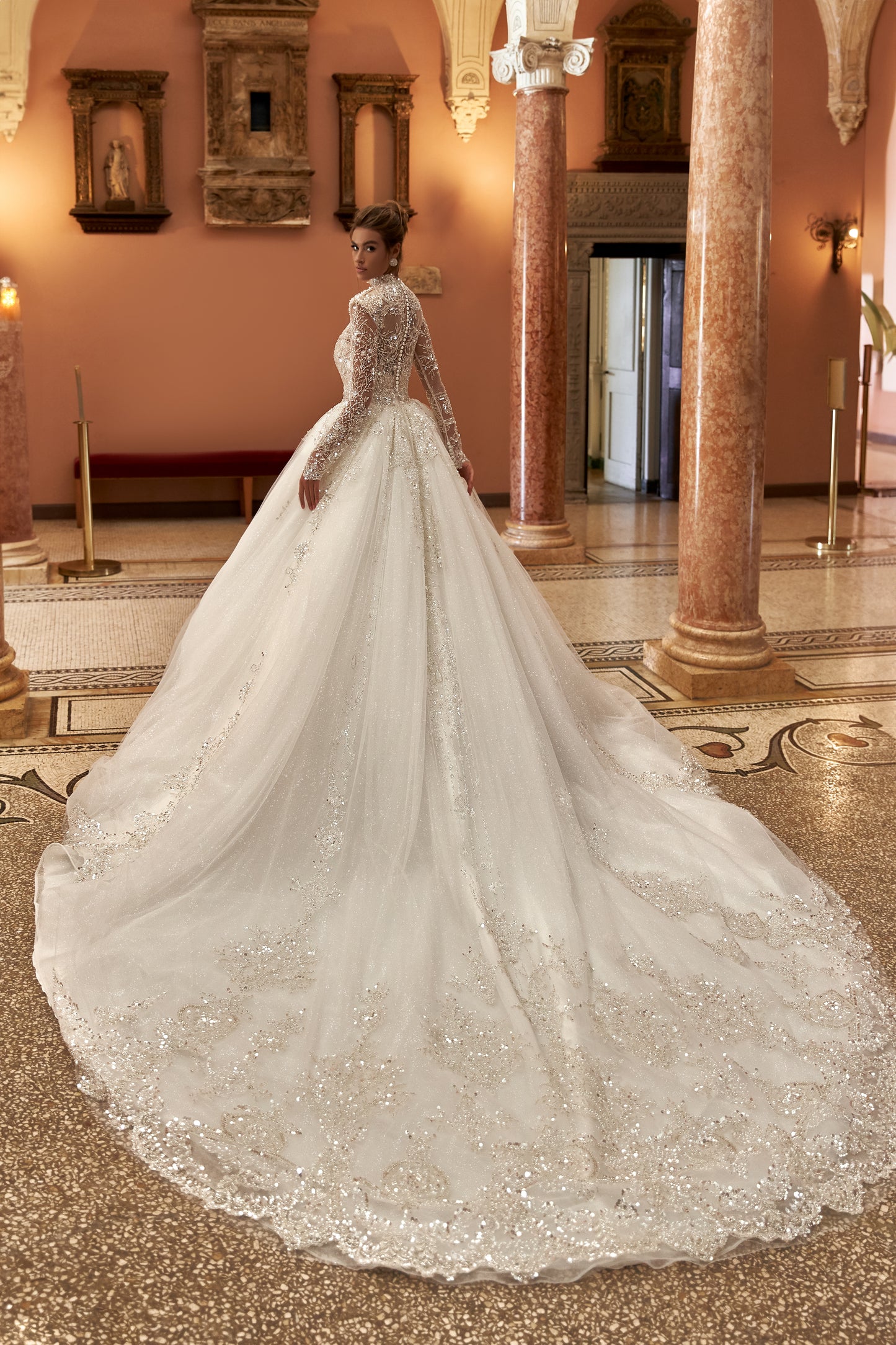 Princess ball gown wedding dress with beaded cathedral train