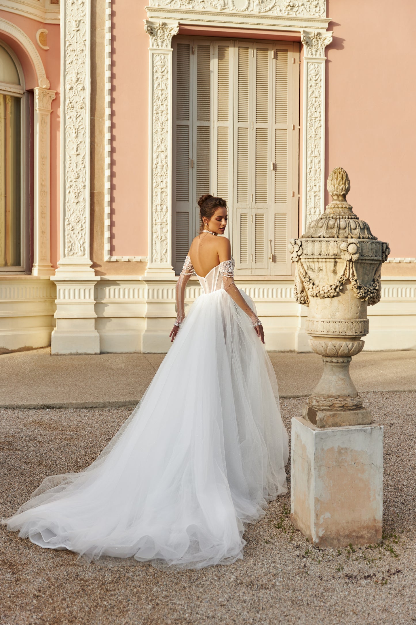 A-line wedding dress with pearl straps & glitter tulle train