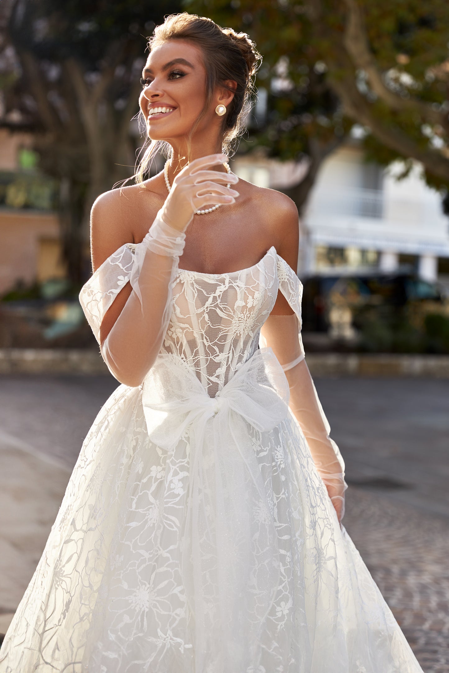 A-line wedding dress with off-the-shoulder straps