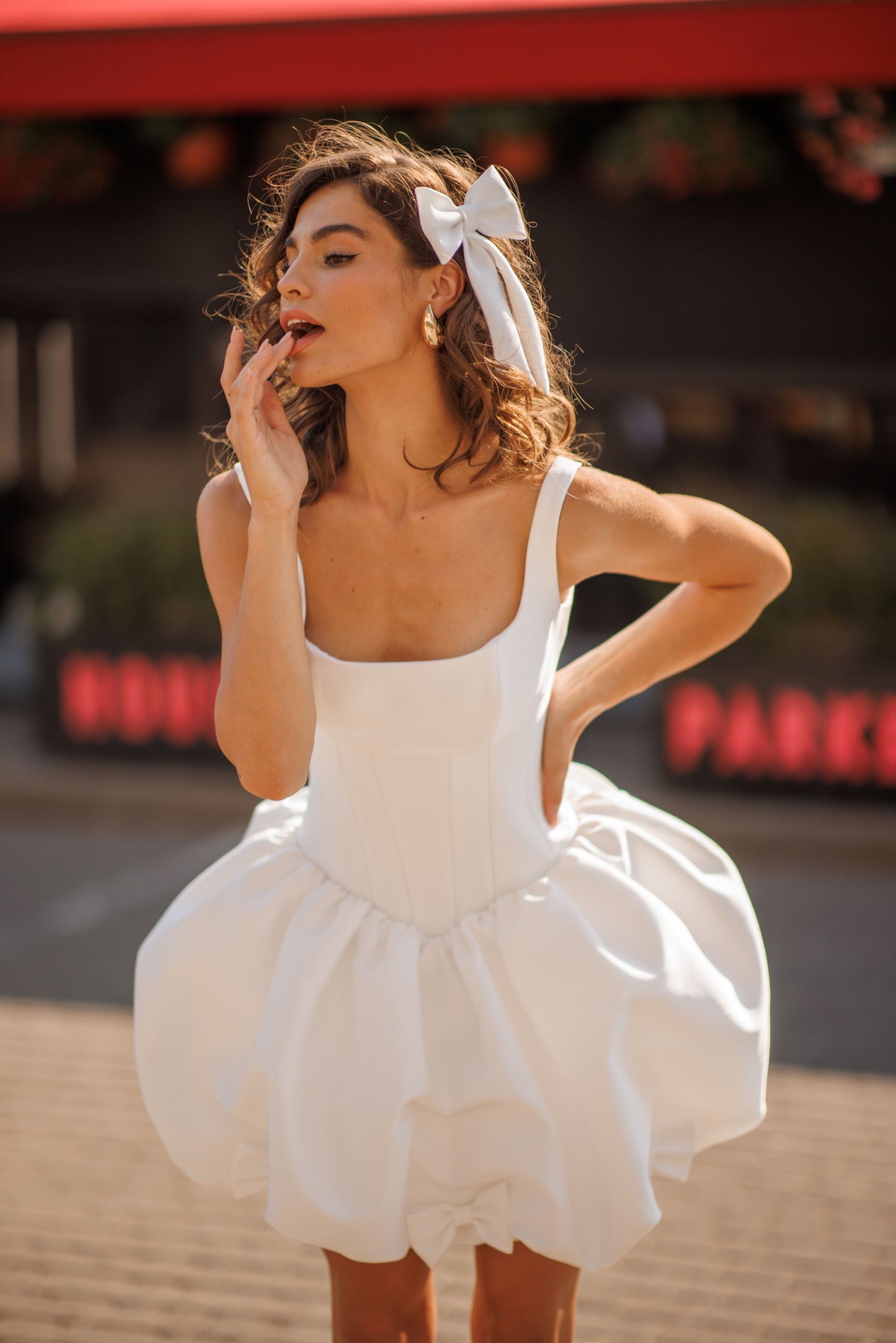 Mini Mikado sleeveless wedding dress with lace-up back