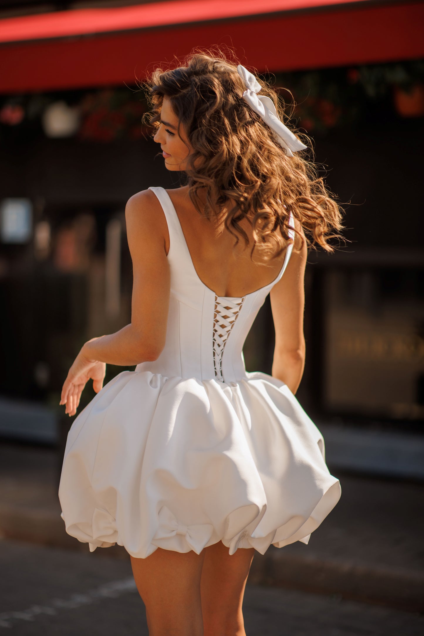 Mini Mikado sleeveless wedding dress with lace-up back