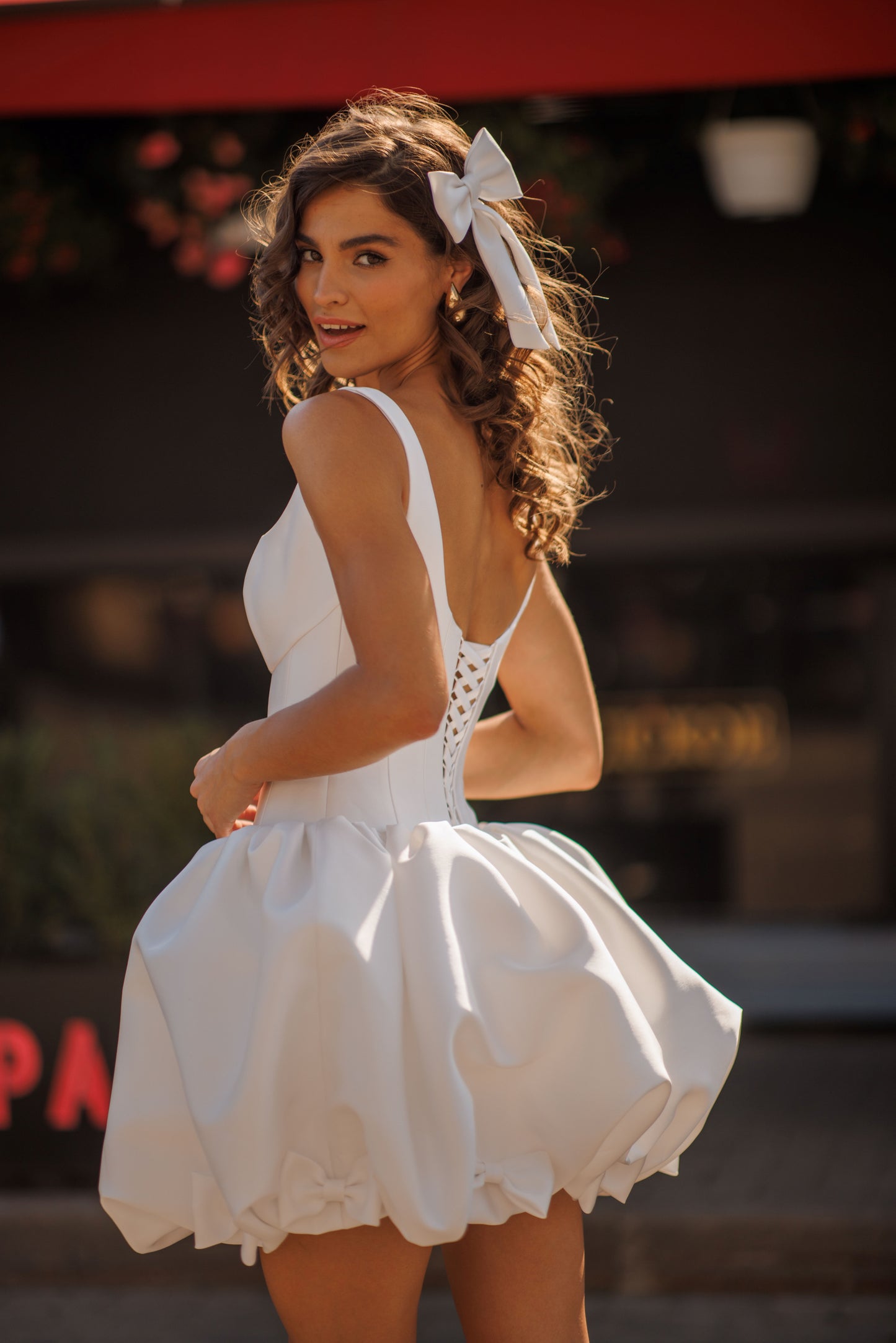 Mini Mikado sleeveless wedding dress with lace-up back