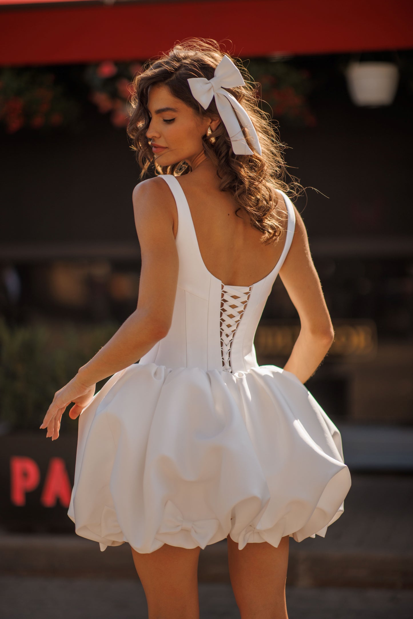 Mini Mikado sleeveless wedding dress with lace-up back