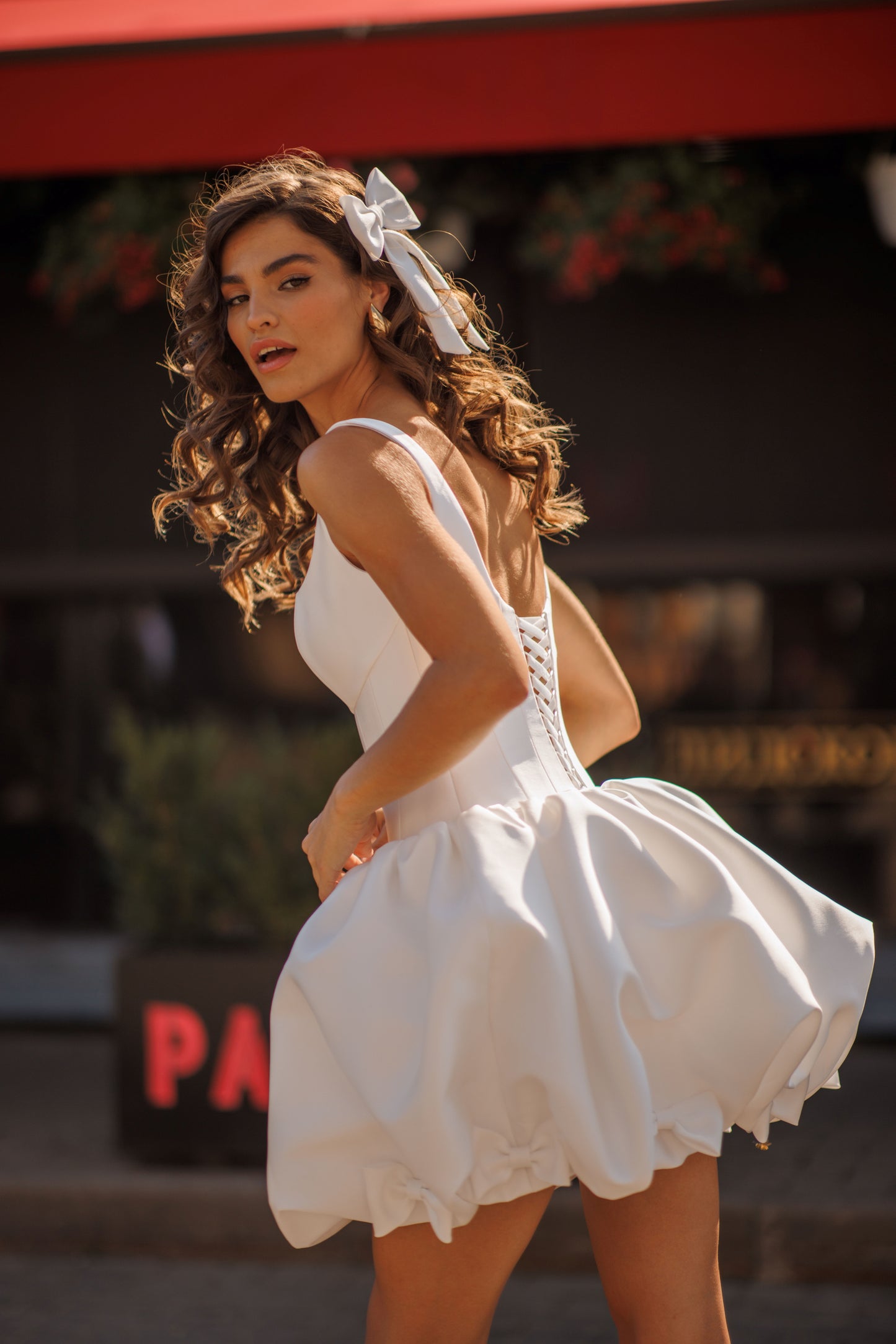 Mini Mikado sleeveless wedding dress with lace-up back