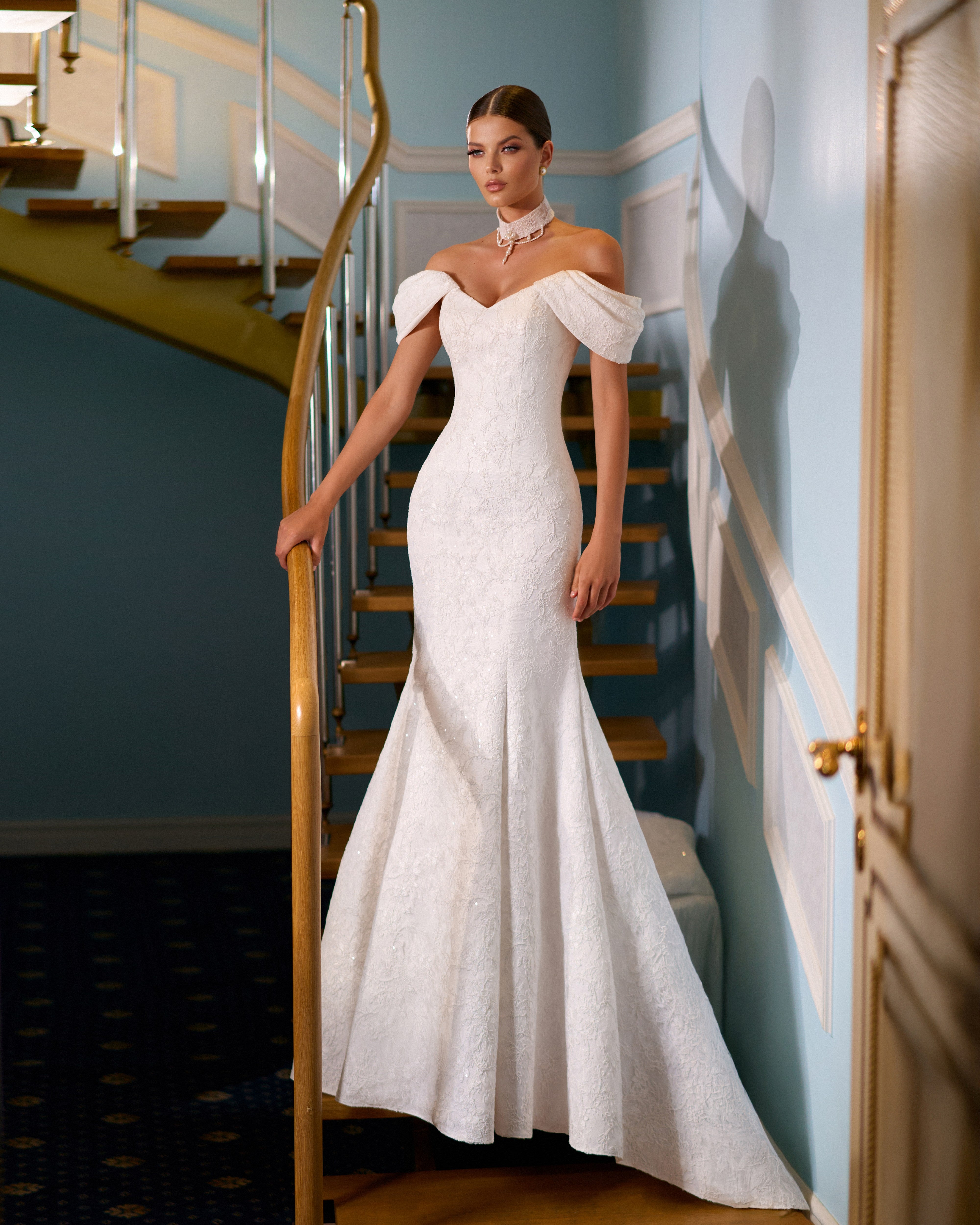 fishtail off the shoulder wedding dress Column Off Shoulder Backless Fishtail Chapel Lace Chiffon Wedding Dress
