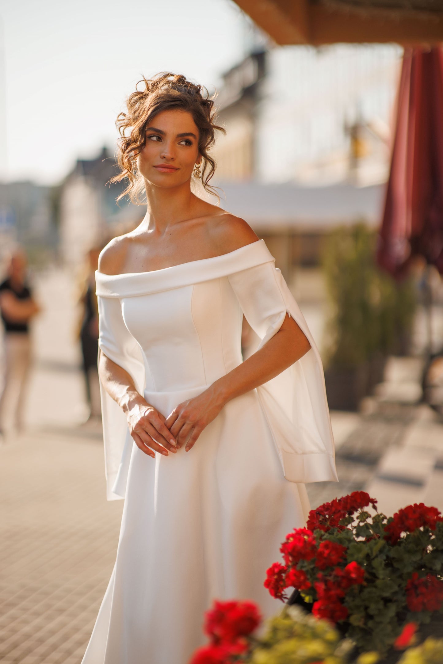 Minimalist A-line off-the-shoulder Mikado wedding dress.