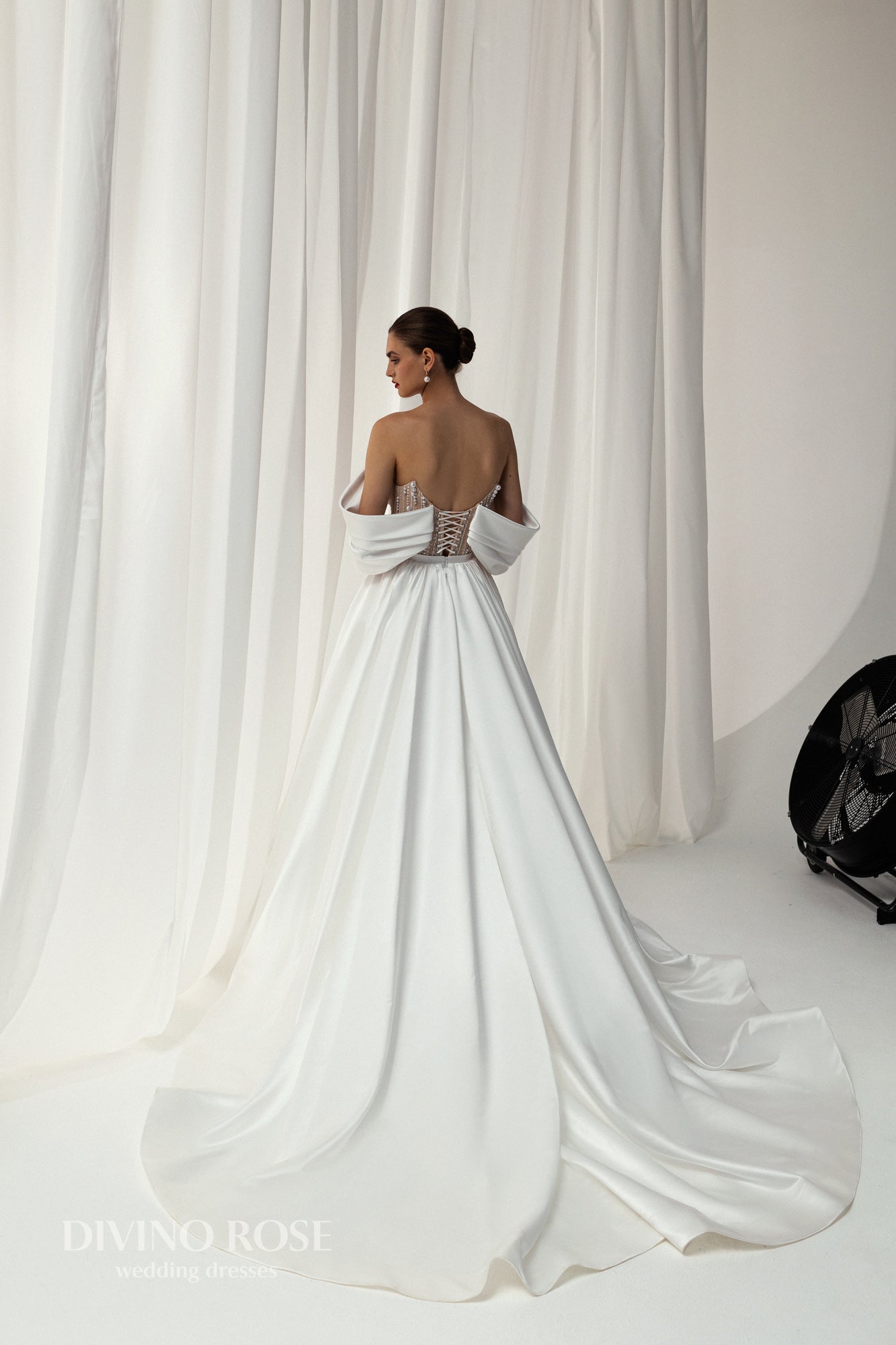 A-line glitter tulle wedding dress with illusion V-neck sleeves