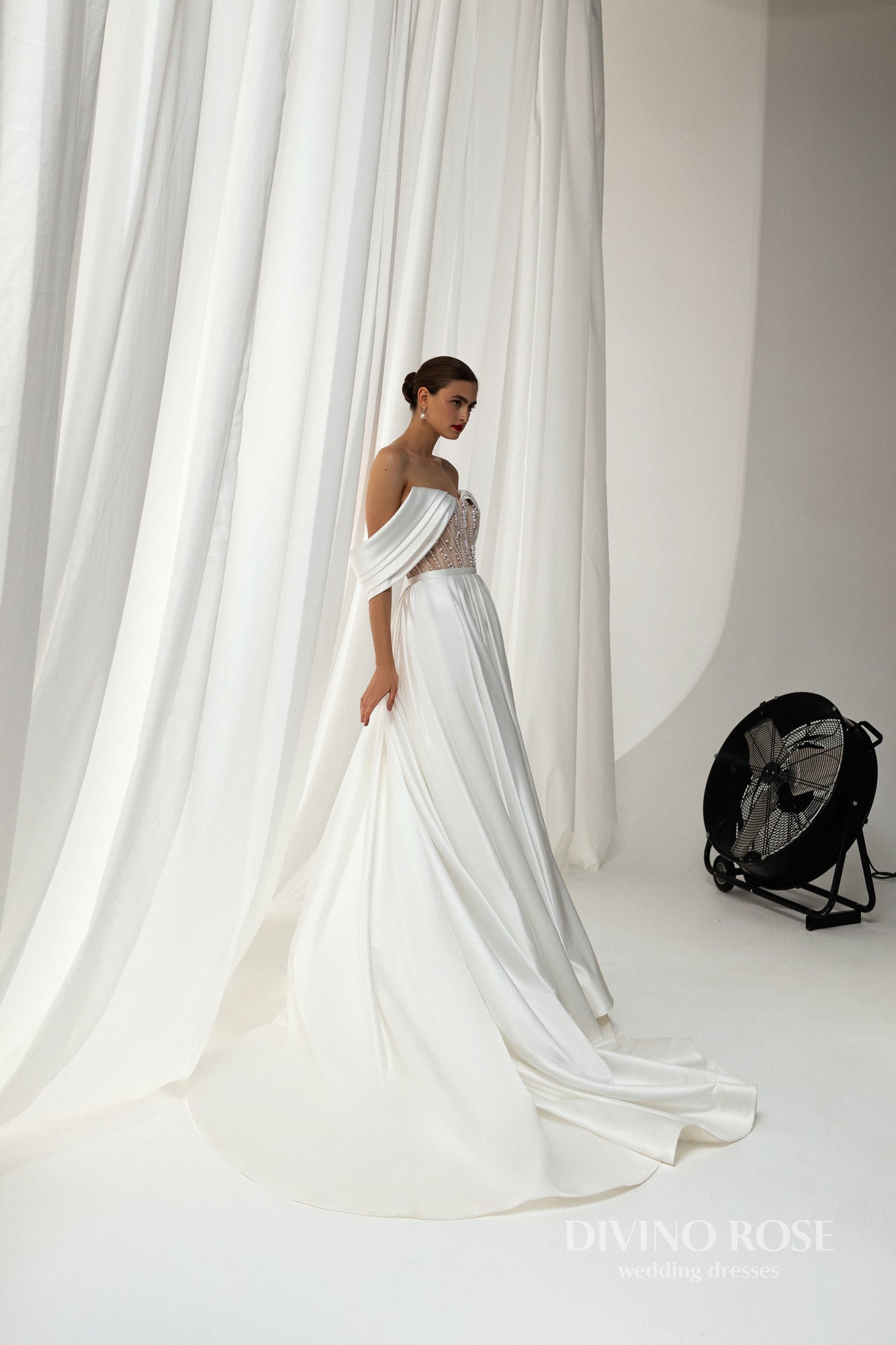 A-line glitter tulle wedding dress with illusion V-neck sleeves