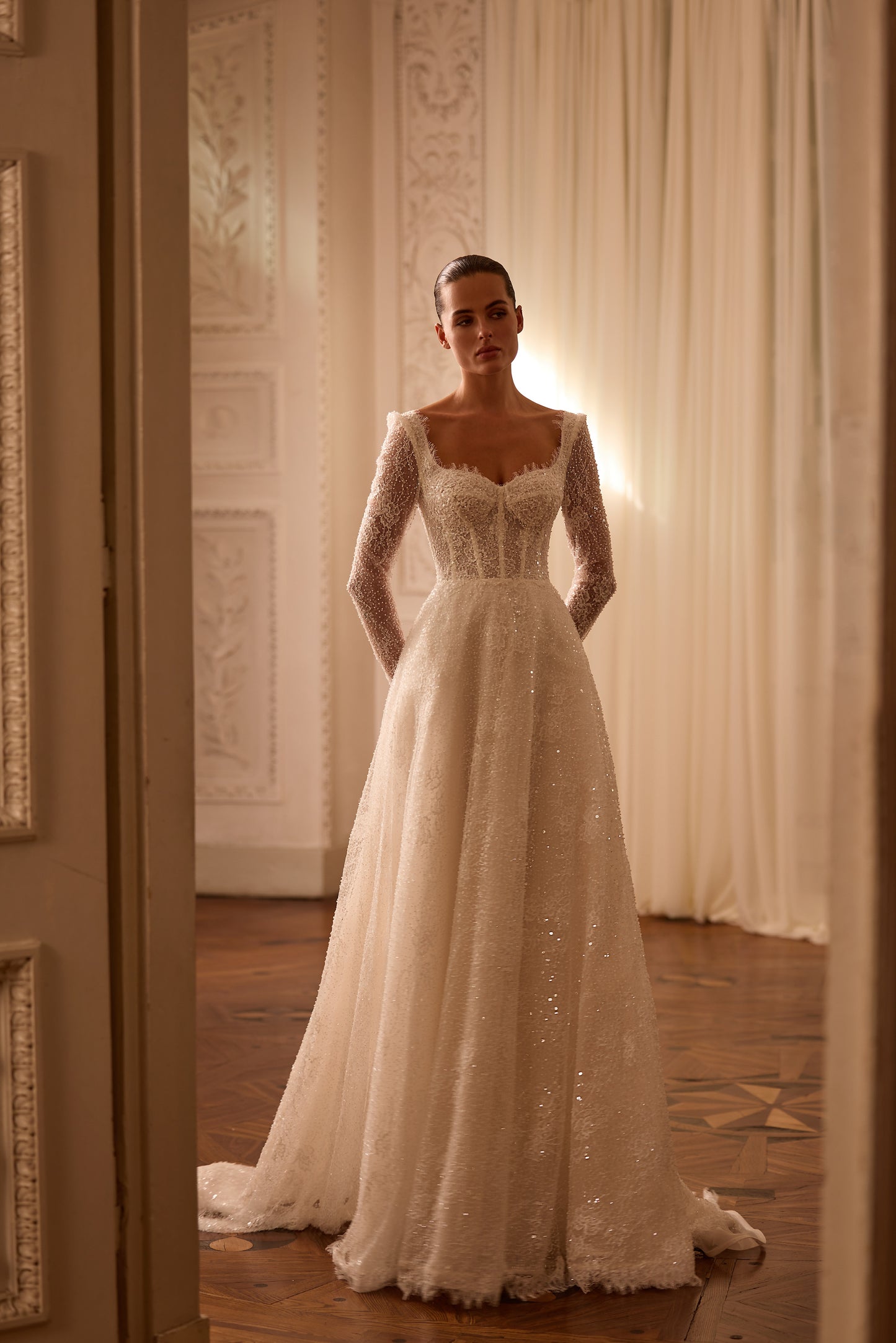 Sequined Lace A-Line Wedding Dress with Long Sleeves Scoop Back