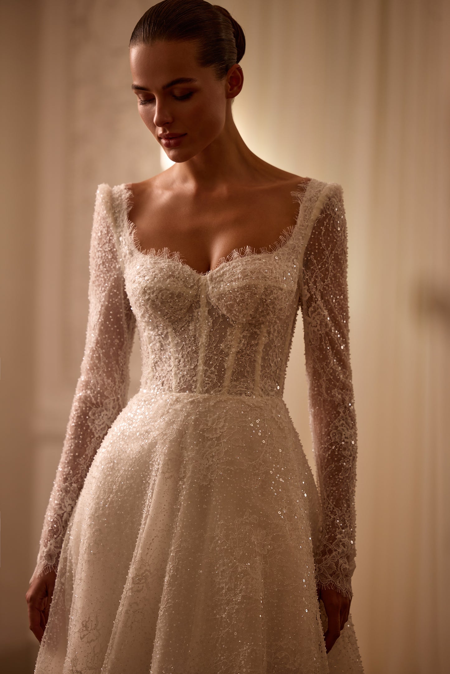Sequined Lace A-Line Wedding Dress with Long Sleeves Scoop Back