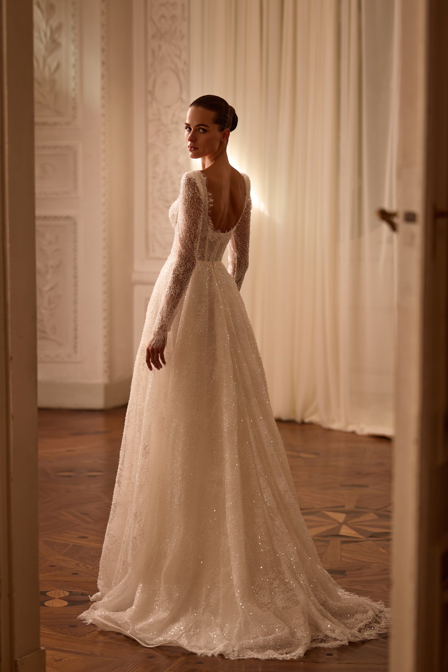 Sequined Lace A-Line Wedding Dress with Long Sleeves Scoop Back