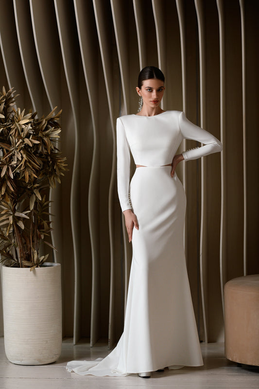 Minimalist long sleeve wedding dress with open V back and sweep train