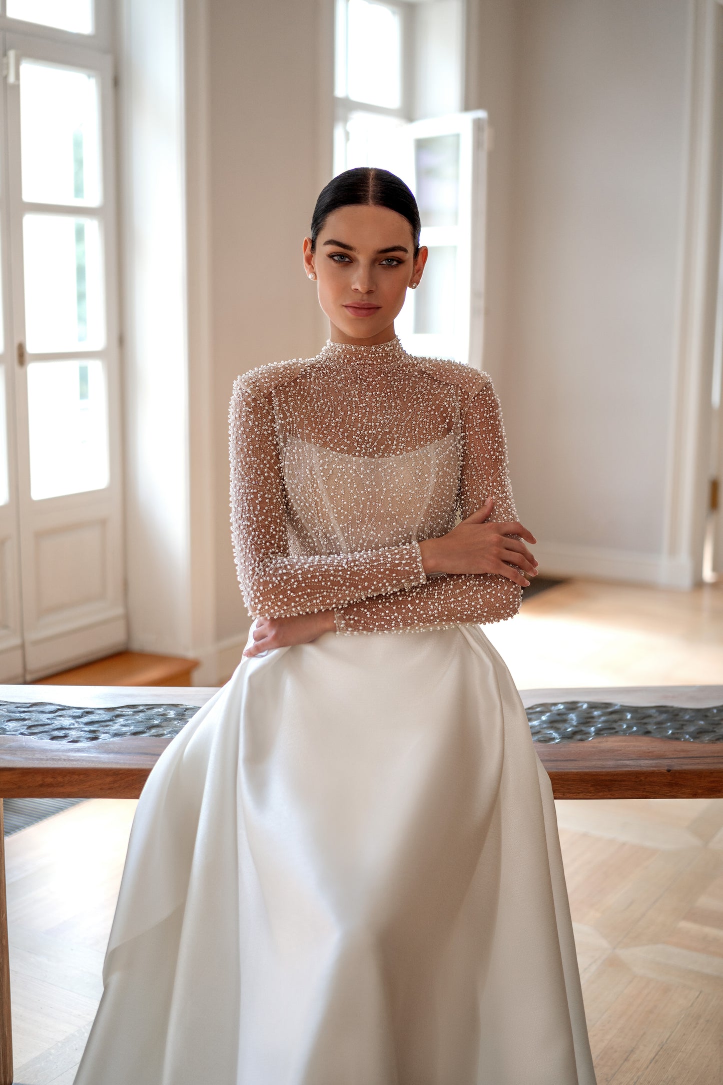 Old money style long sleeve high neck jacquard wedding dress