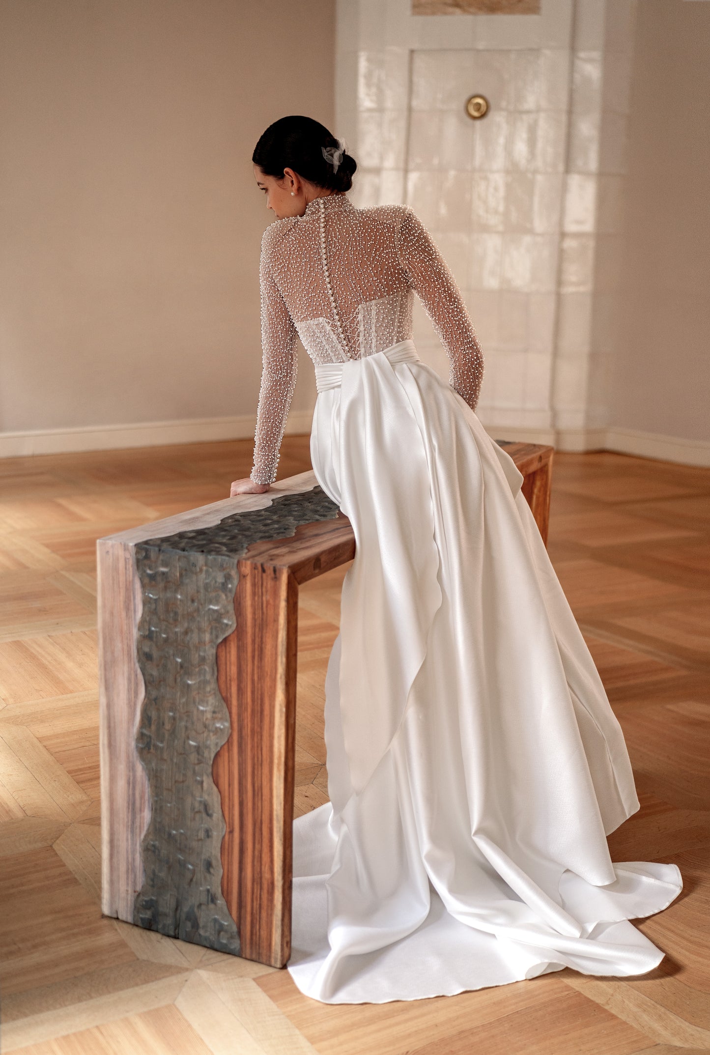 Old money style long sleeve high neck jacquard wedding dress