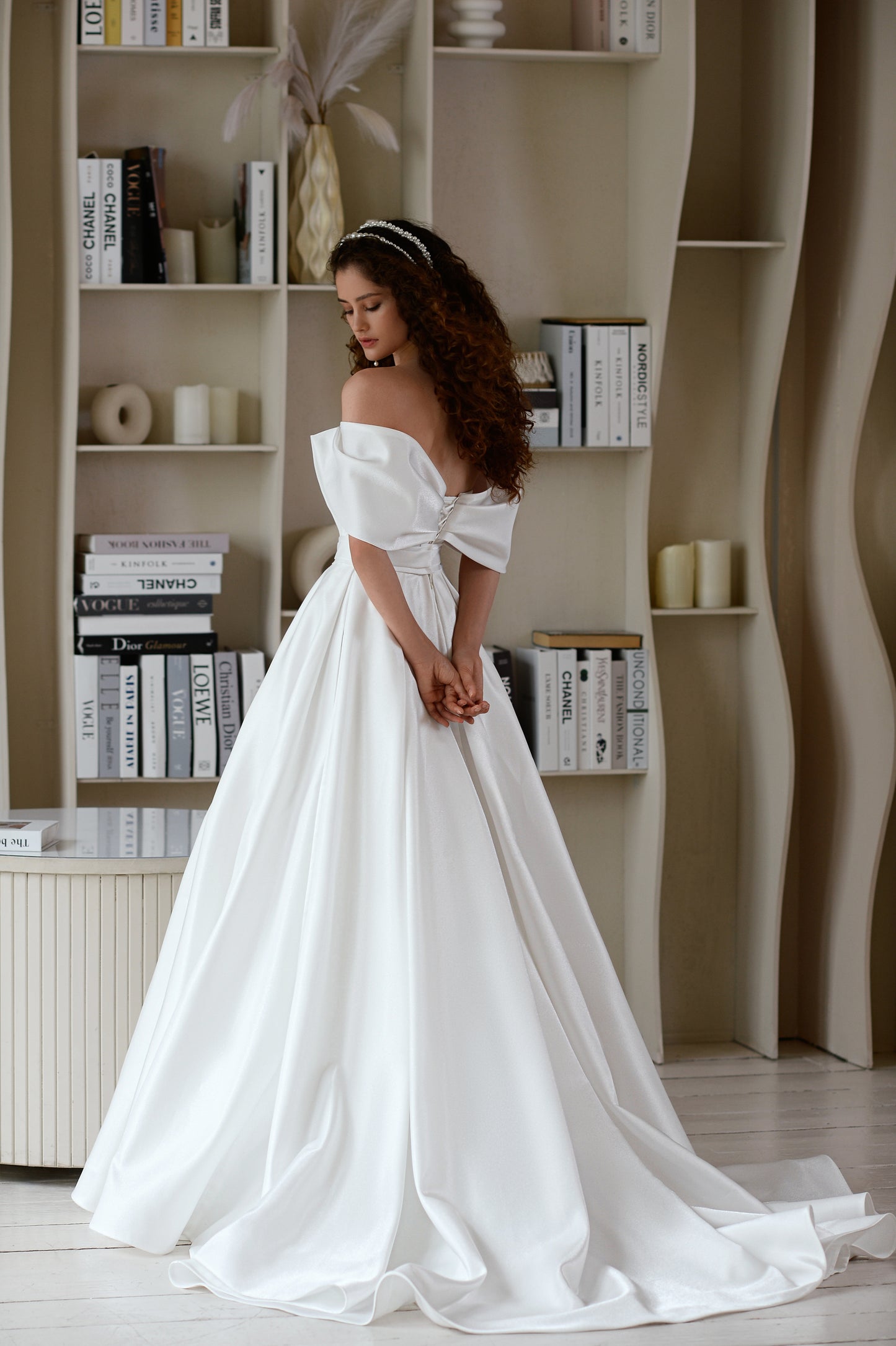 Off the shoulder A-line wedding dress with court train