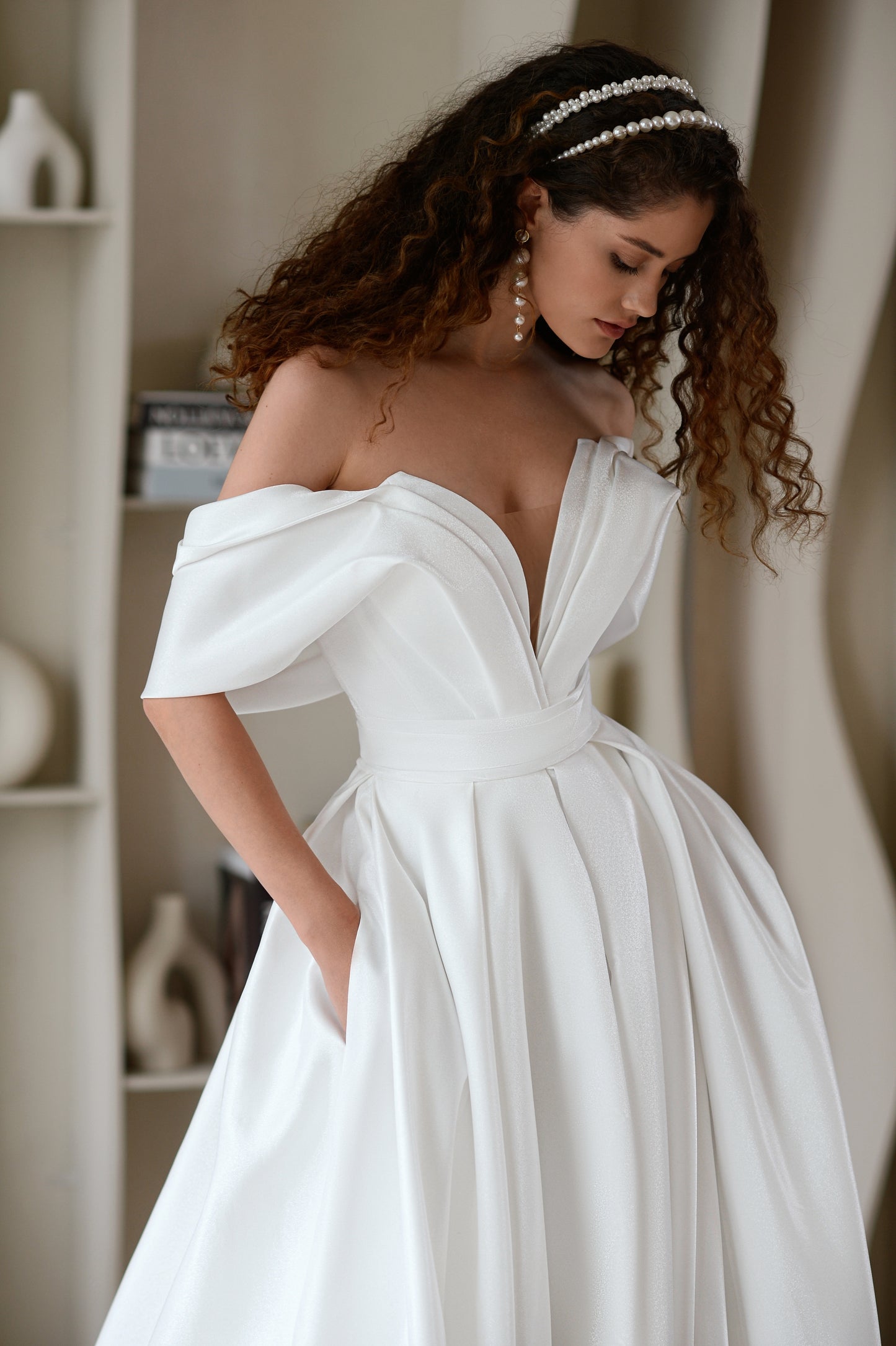 Off the shoulder A-line wedding dress with court train
