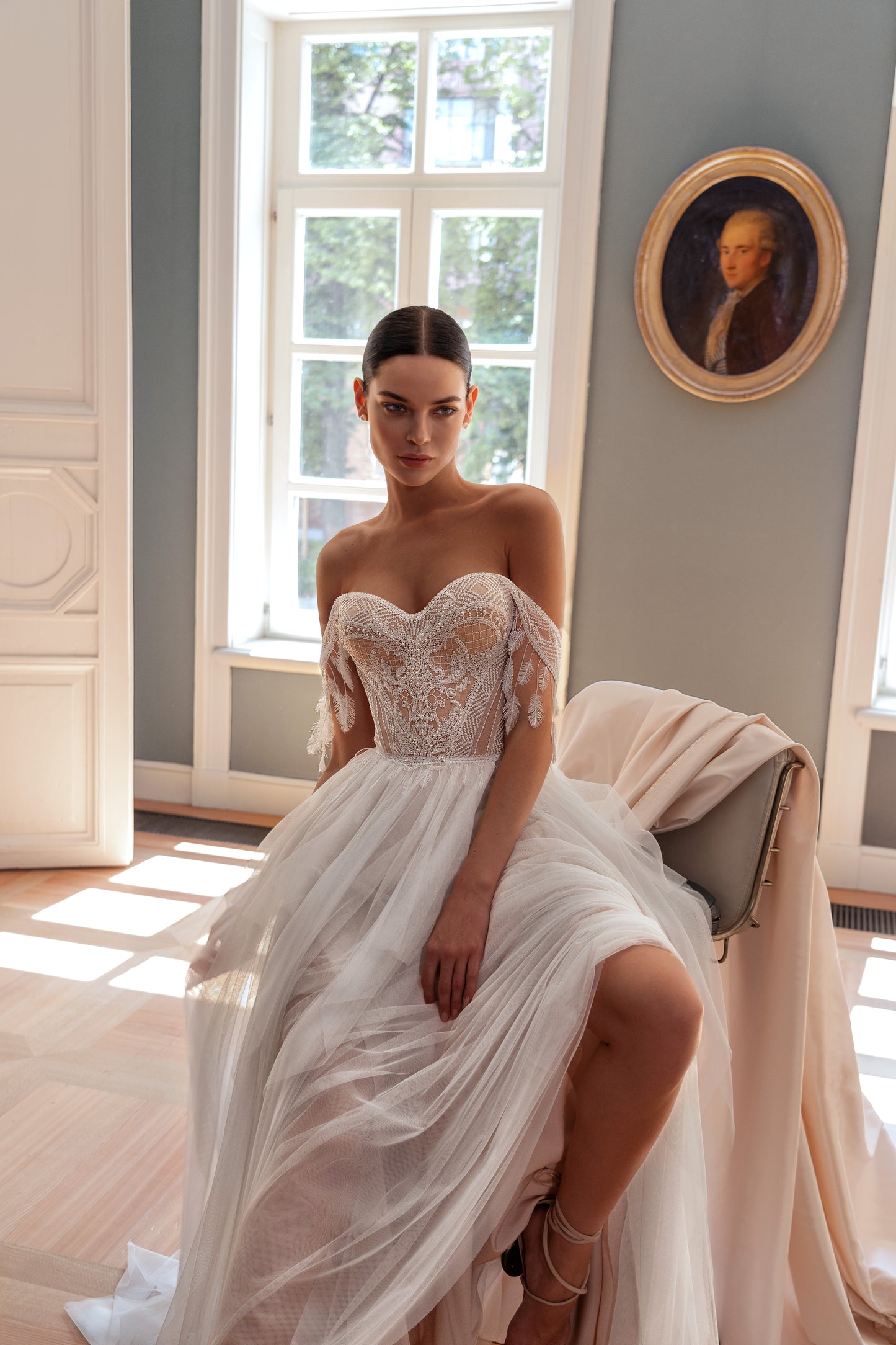 Boho tulle wedding dress with off-the-shoulder sleeveless straps